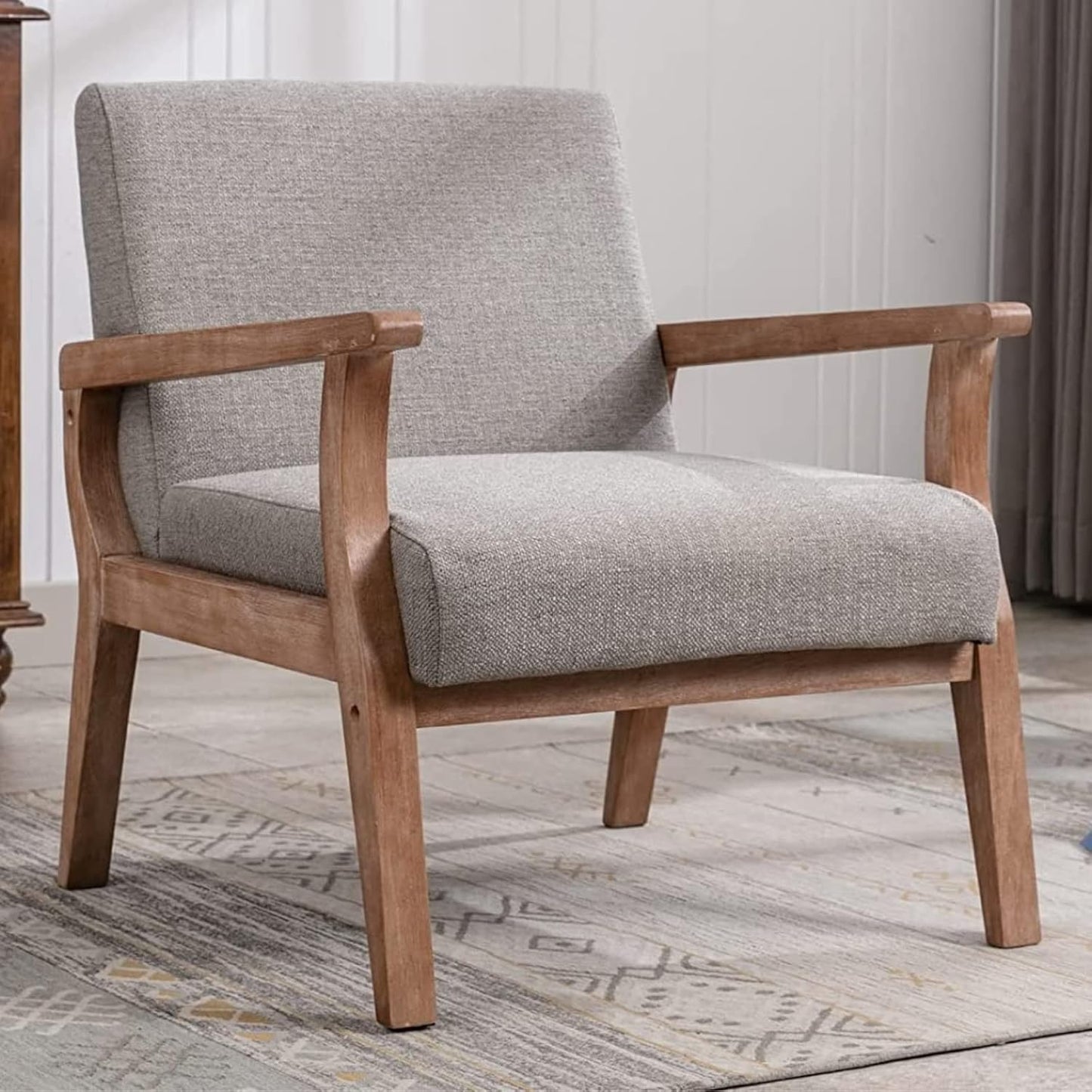 Upholstered Recliner Chair Mid Century Modern Accent Chair Comfy Fabric Armchair Indoor Corner Chair with Wood Frame for Bedroom Living Room Sitting, Grey