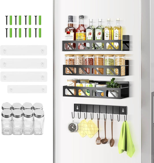 Magnetic Spice Rack Organizer for Fridge Seasoning Organizer for Kitchen storage with Screw or Adhesive Hanging,Magnetic Shelf with Hook for Refrigerator and Oven (3pack)