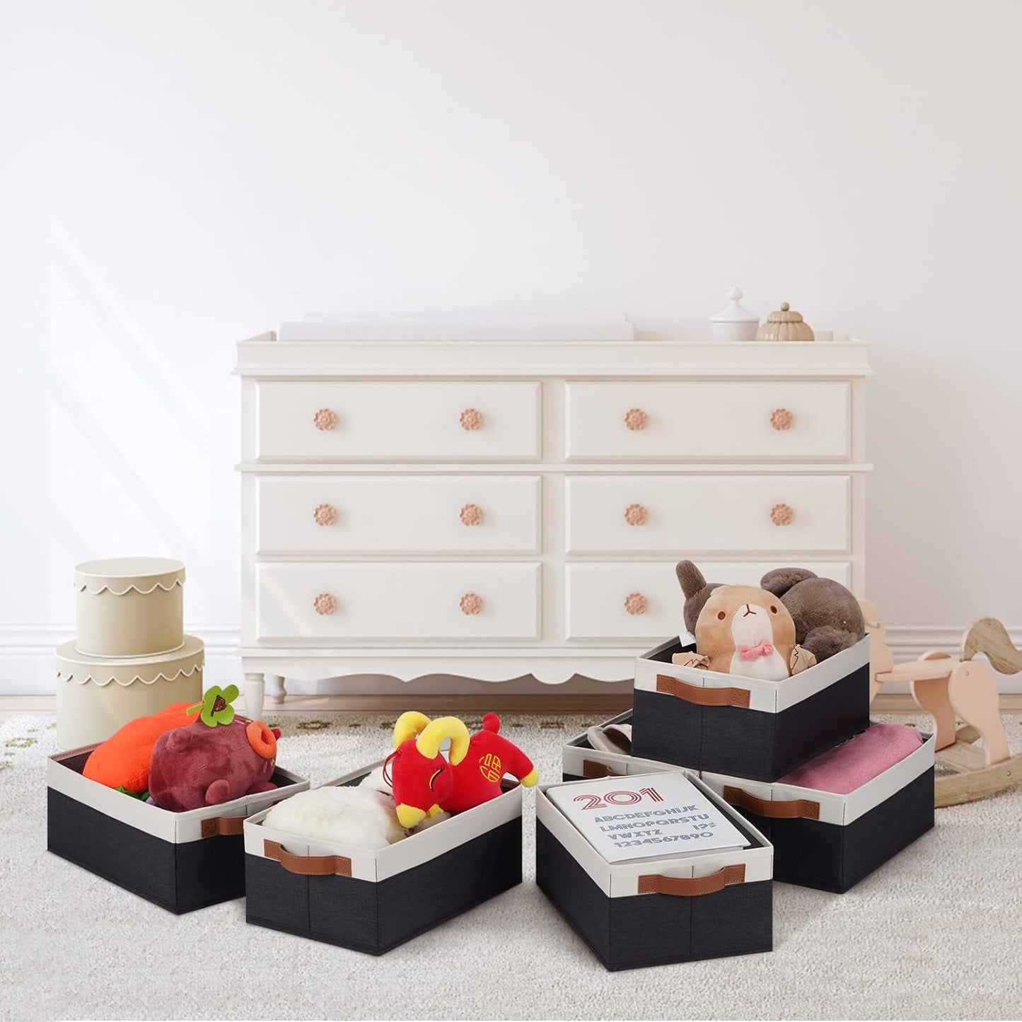 GhvyenntteS Storage Baskets for Organizing, Fabric Storage Bins with Leather H&les, Foldable Rectangular Storage Baskets for Shelves, Closets, Home, Office(Black/White, 6 Pack)11.8X7.9X5.1 in