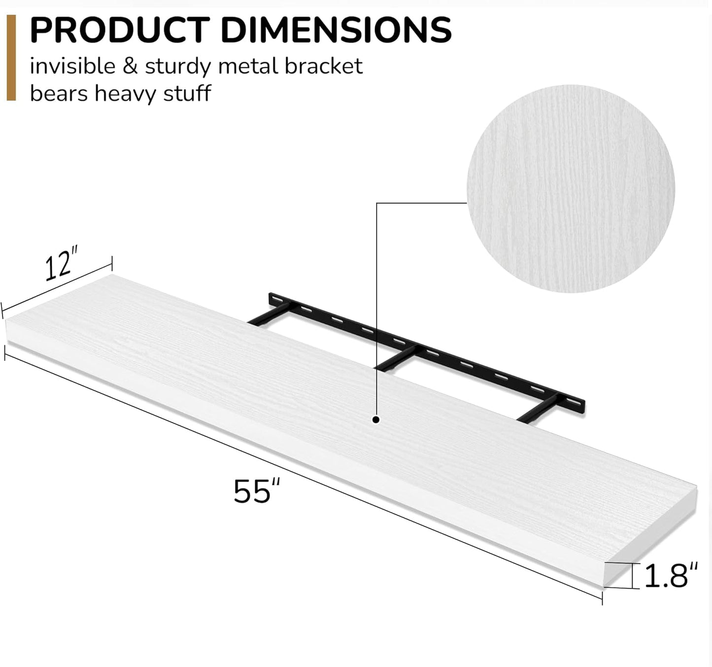 Fun Memories Floating Shelves - 12 Inch Rustic Wooden Wall Shelves - Extra Deeper & Thicker Wall Mounted Storage Shelf for Living Room, Kitchen, Farmhouse - 55" W x 12" D x 1.8" H - White