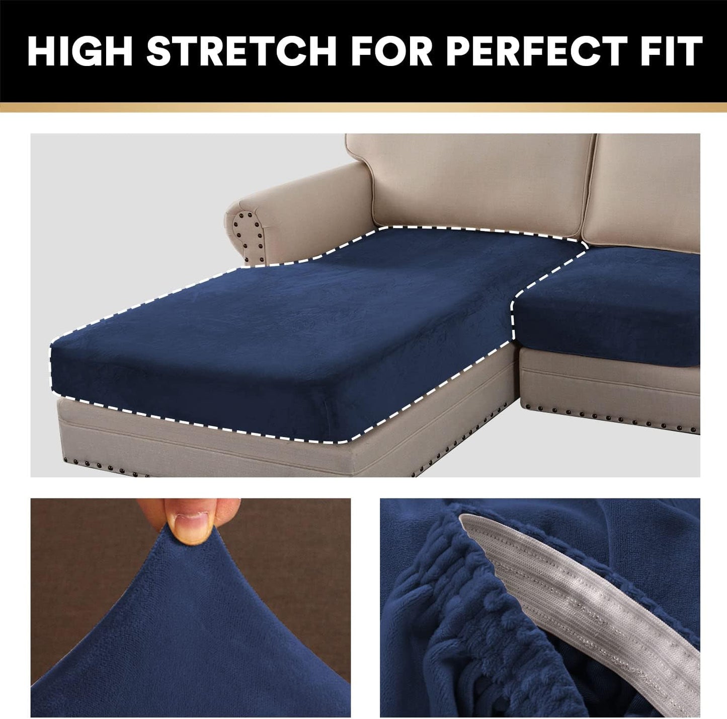 PrinceDeco Sectional Couch Covers 4 Pieces Couch Covers for Sofa Velvet Separate Couch Cover L Shape for Left/Right Chaise(3 Seater + 1 Chaise,Navy)