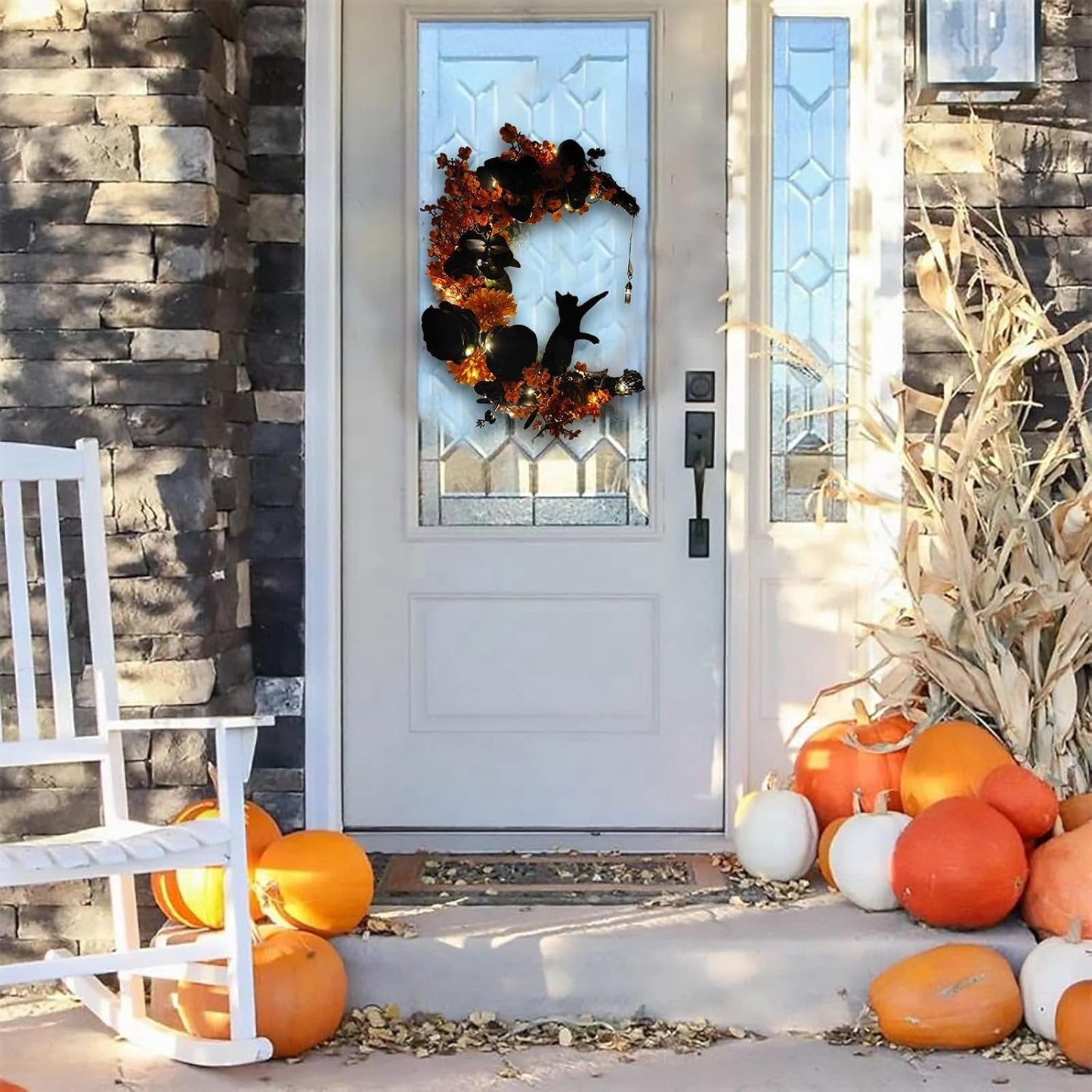 Halloween Wreaths for Front Door with Light, Black Cat Crescent Moon Wreath, Cute Cat Garland Halloween Door Decorations for Outdoor Indoor Decor Wall Window Home Party
