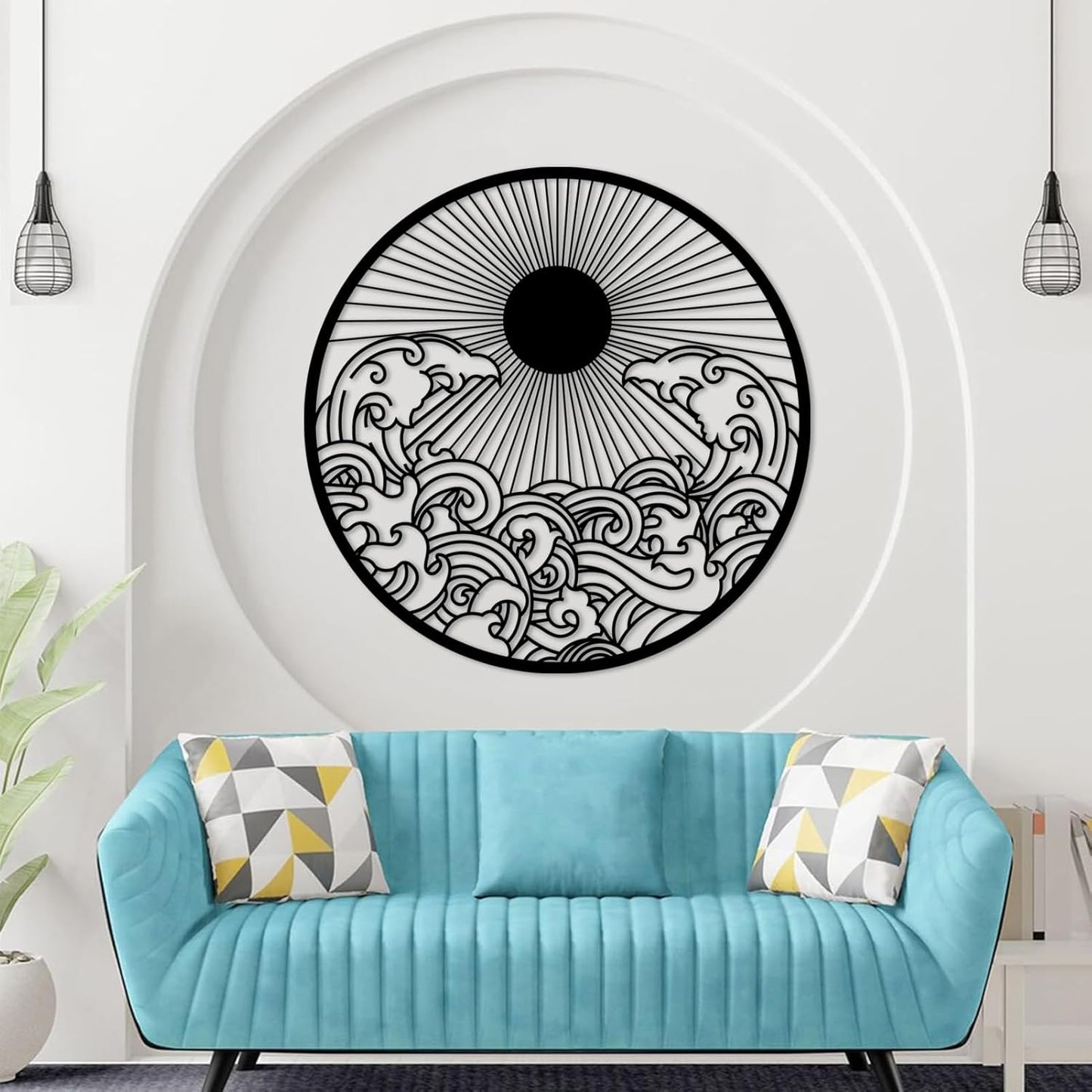 flyoak Metal Sun Wall Decor Outdoor, Sunrise Metal Wall Art, Metal Wave Wall Art, Sunrise and Wave Wall Decor, Sunburst Wall Art, Sunset Wall Art, Wall Hangings for Bedroom (White, 24x24in|60x60cm)