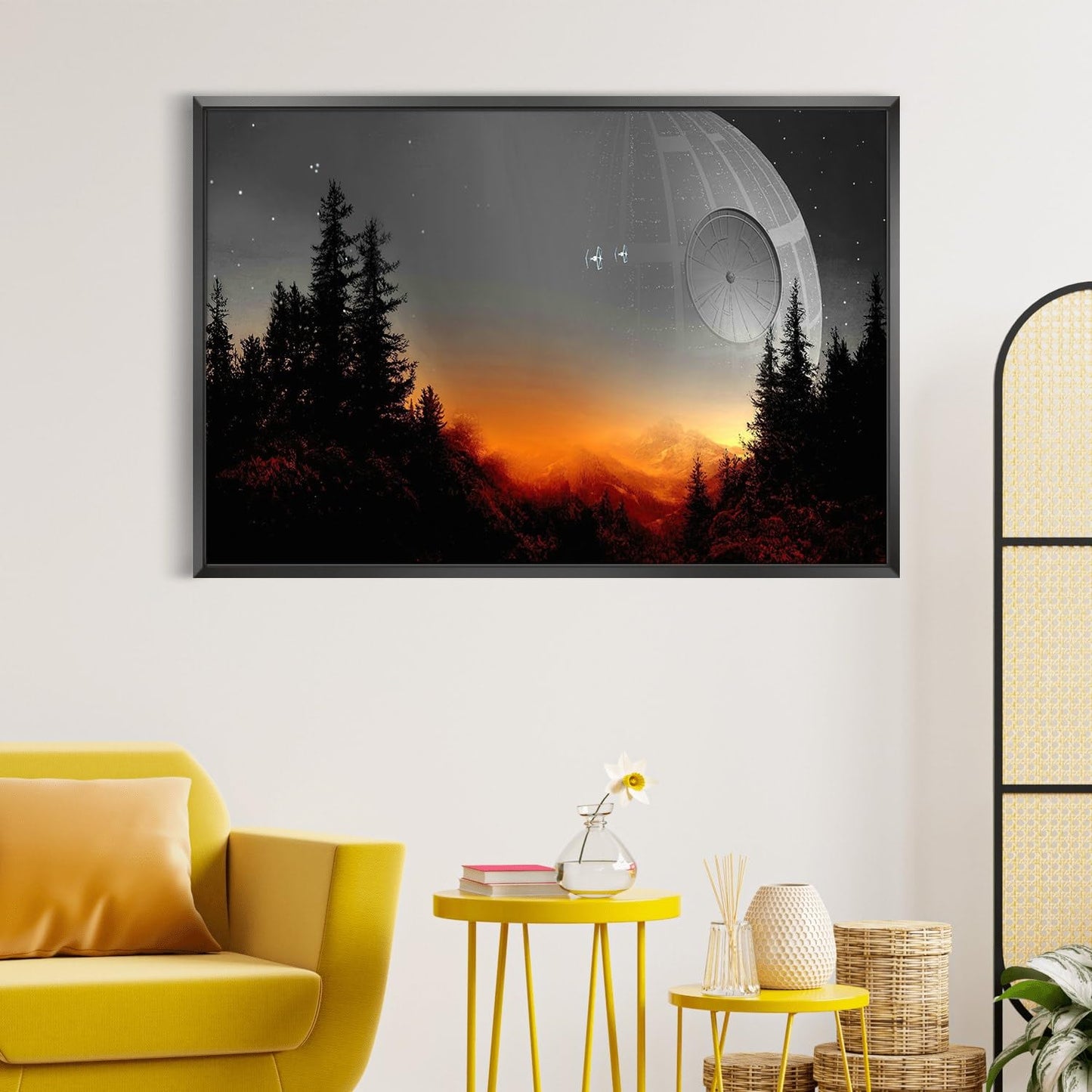 Death Star Inspired Canvas Print Wall Art | Futuristic Space Station Artwork | Smooth Surface Home Decor – Various Sizes (18in x 12in Modern Black Framed)