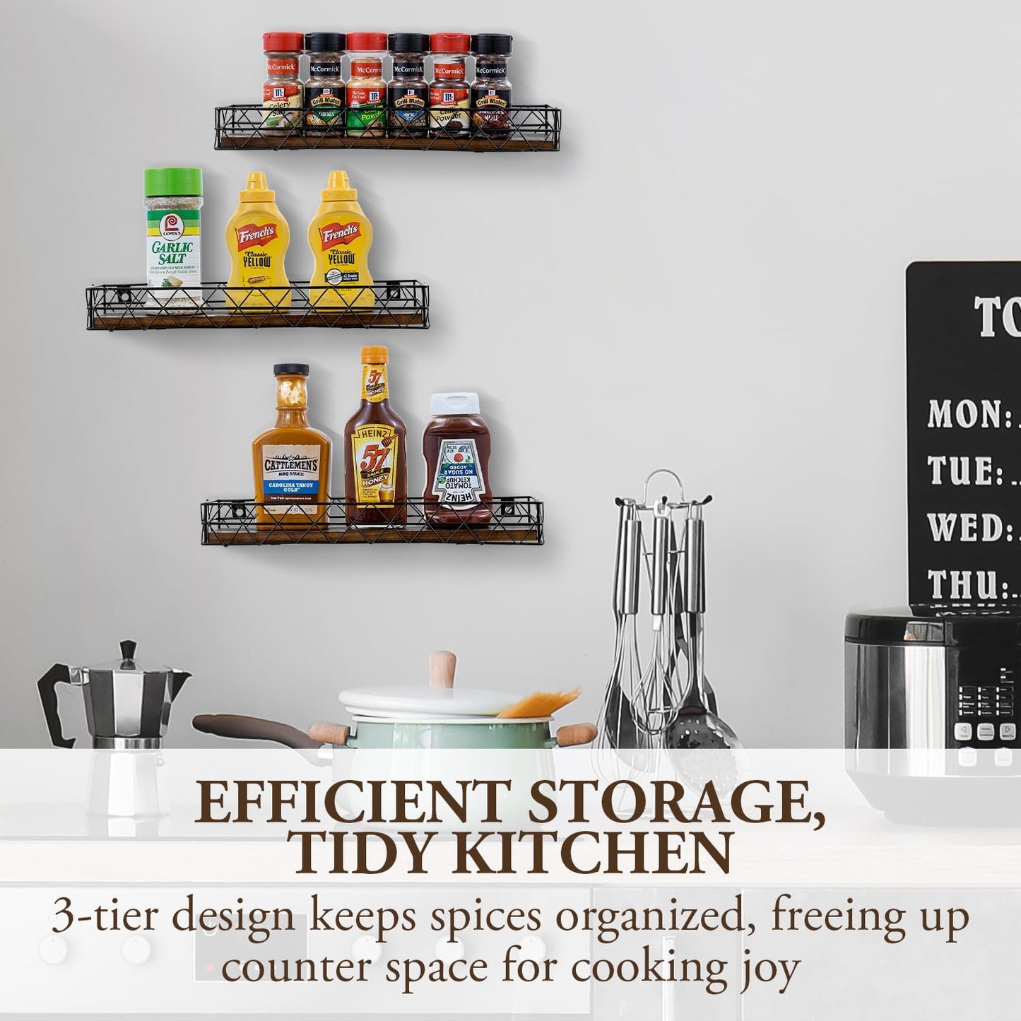 MyGift 14 Inch Wall Mounted Kitchen Spice Racks, Rustic Burnt Solid Wood and Black Metal Wire Geometric Hanging Organizers for Seasoning Jars or Condiment Bottles, Set of 3