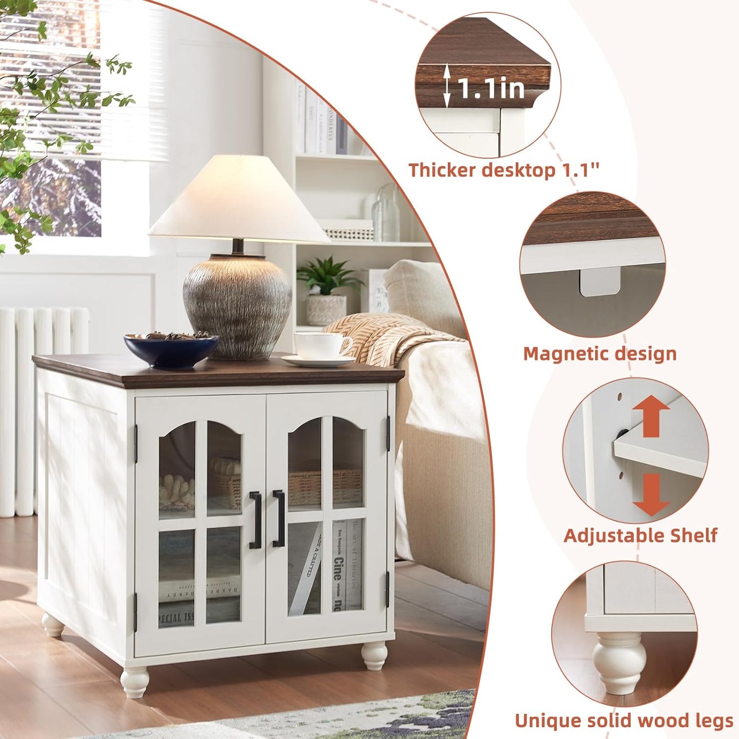 Farmhouse 24" End Table Set of 2 with Charging Station, Large Sofa Side Table with Glass Barn Door,Wood Night Stand with Adjustable Storage Shelf,Square Bedside Table for Living Room,Bedroom