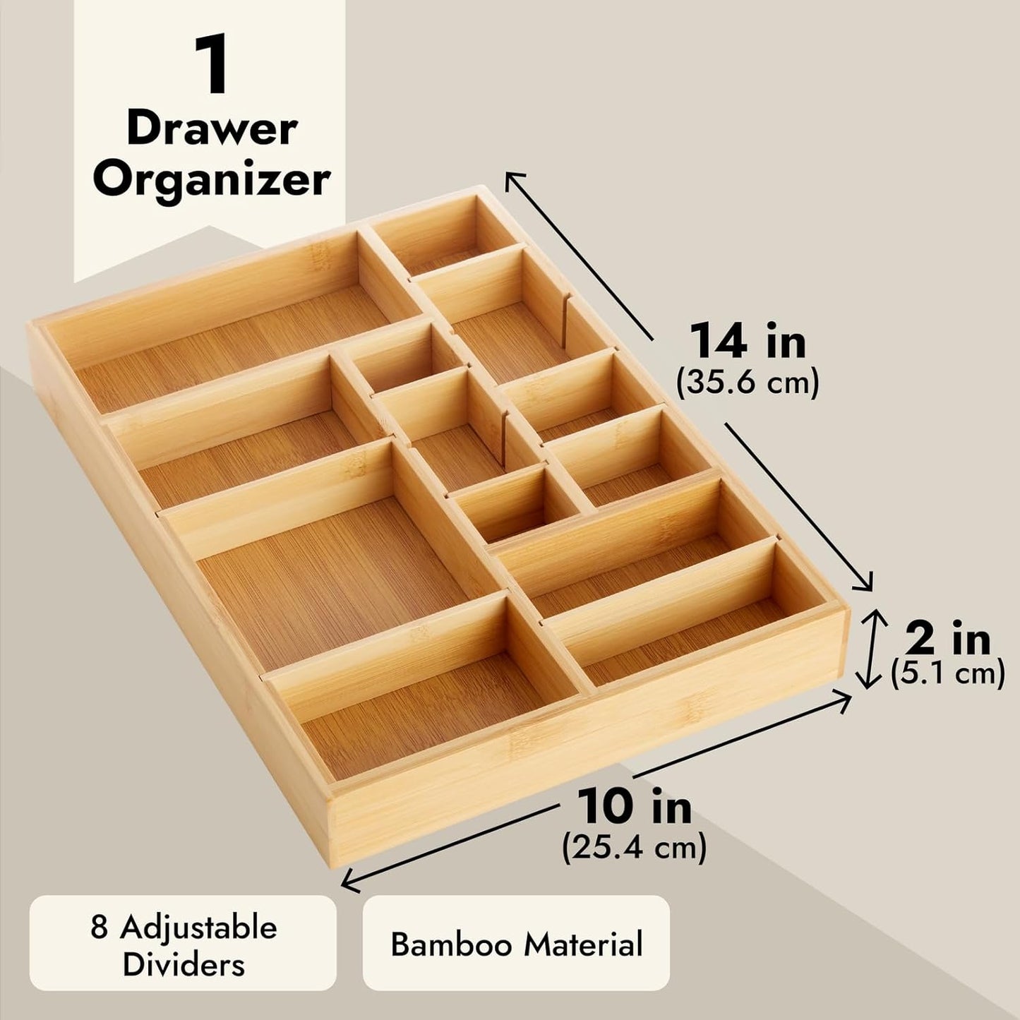 Juvale Drawer Organizer Tray - 14 x 10 x 2 In Brown Bamboo - 8 Adjustable Dividers for Custom Storage - Silverware & Utensil Organizer - Desk Drawer Divider - Versatile Wooden Divided Tray