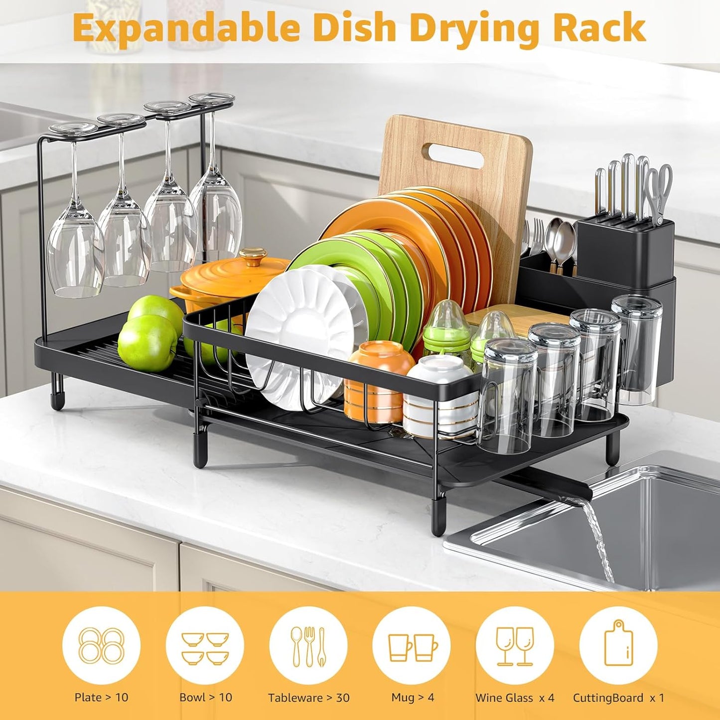 Dish Drying Rack for Kitchen Counter, Expandable Large Capacity Dish Rack with Drainboard, Wine Glasses Holder, Space Saving Organizer, Black