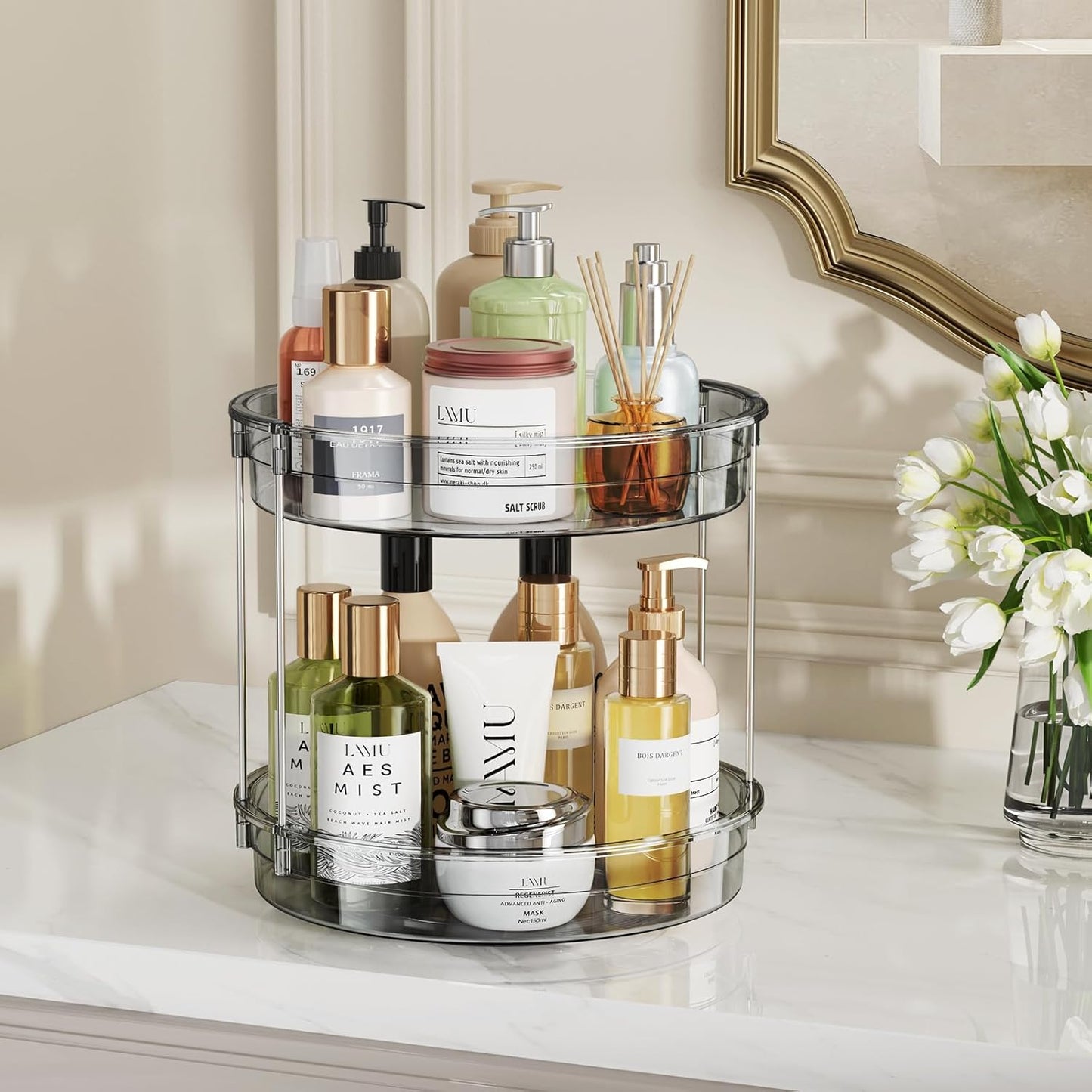 LAMU 12 inch 2 Tier Lazy Susan Turntable Organizer Rotating Spice Rack Organization for Cabinet, Kitchen, Pantry, Countertop, Bathroom, Vanity, Medicine Cabinet Organizer, Grey