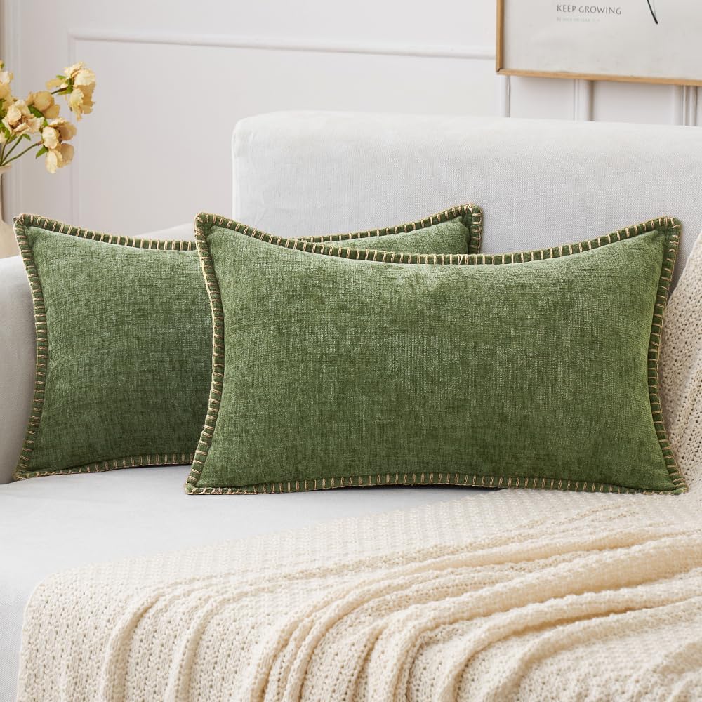 MIULEE Pack of 2 Couch Throw Pillow Covers 12x20 Inch Sage Green Farmhouse Decorative Pillow Covers with Stitched Edge Soft Chenille Solid Dyed Spring Pillow Covers for Sofa Bed Living Room
