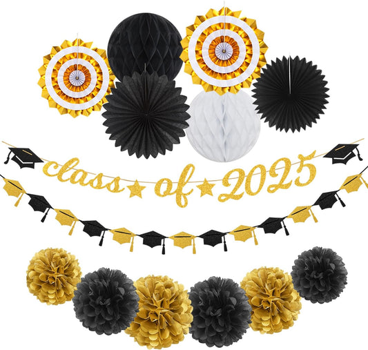 Black Gold Party-Decoration Graduation Banner - 14pcs Kits Cap Garland Streamers, Paper Tissue Pom Poms Flowers Fans Honeycomb,Class Of 2025 College High School Grad Decor Hugfond