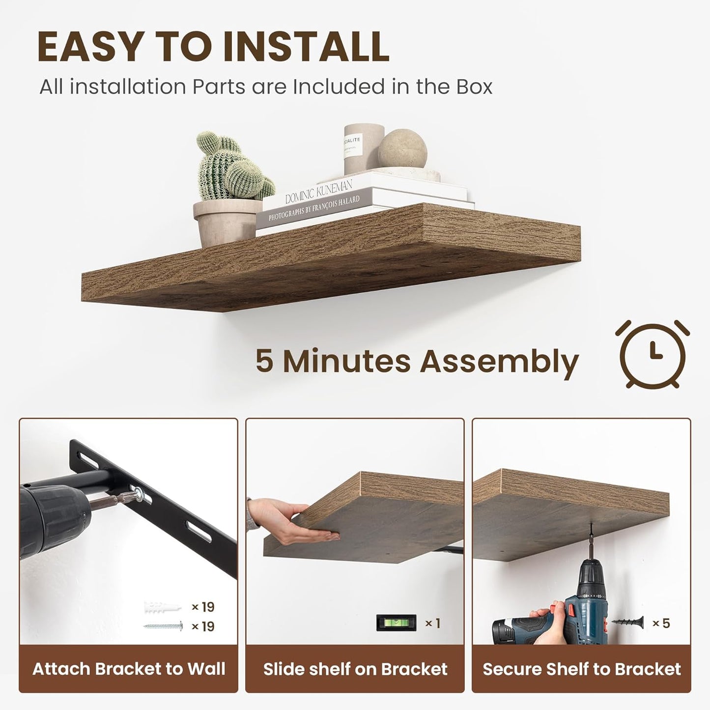 55 Inch Floating Shelves, 11.6 Inch Deep Floating Shelves for Wall, Floating Shelf with Invisible Brackets, Deep Shelves for Bathroom, Bedroom, Living Room, 1 Pack, Brown