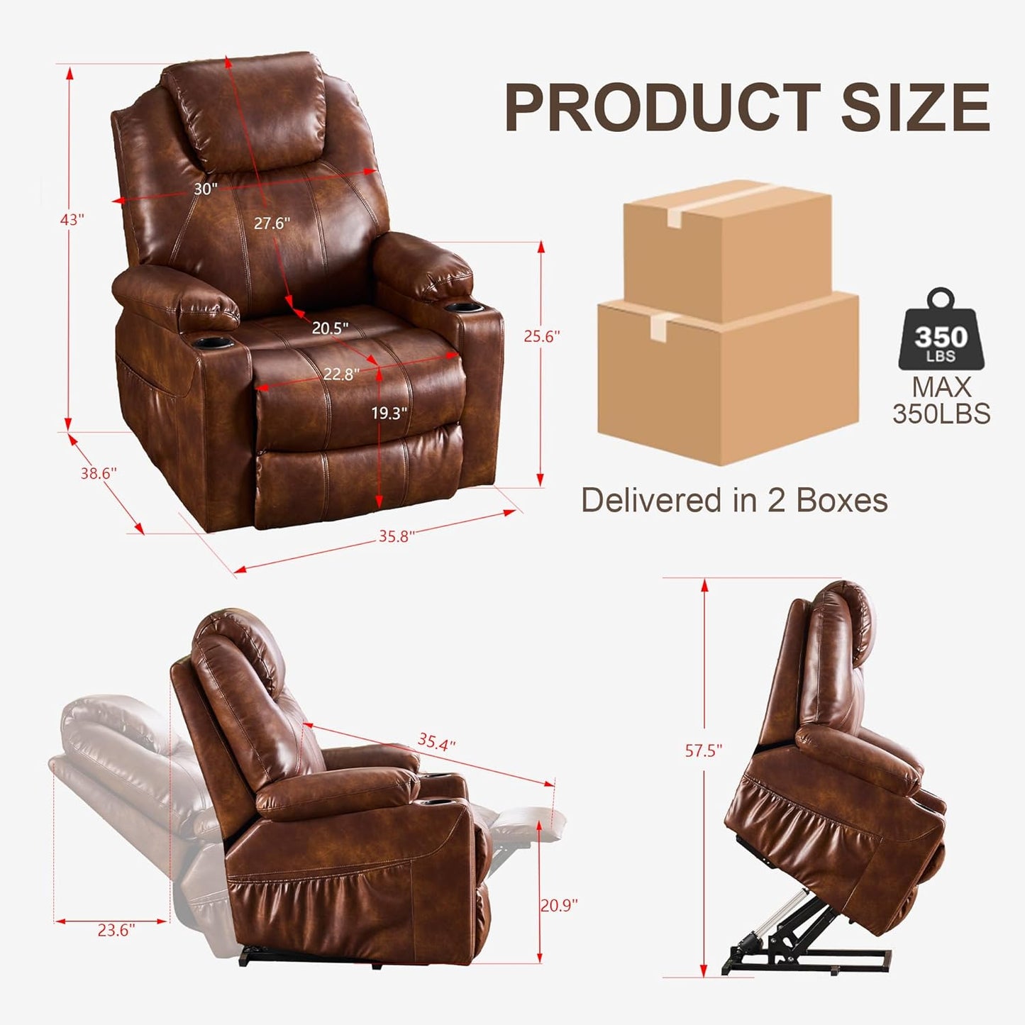 SALOHZA Power Lift Recliner Chair for Elderly with Massage and Heat for Living Room, Electric Recliner Chair for Adults with USB/Type C Port/Cup Holders, PU Faux Leather, Light Brown