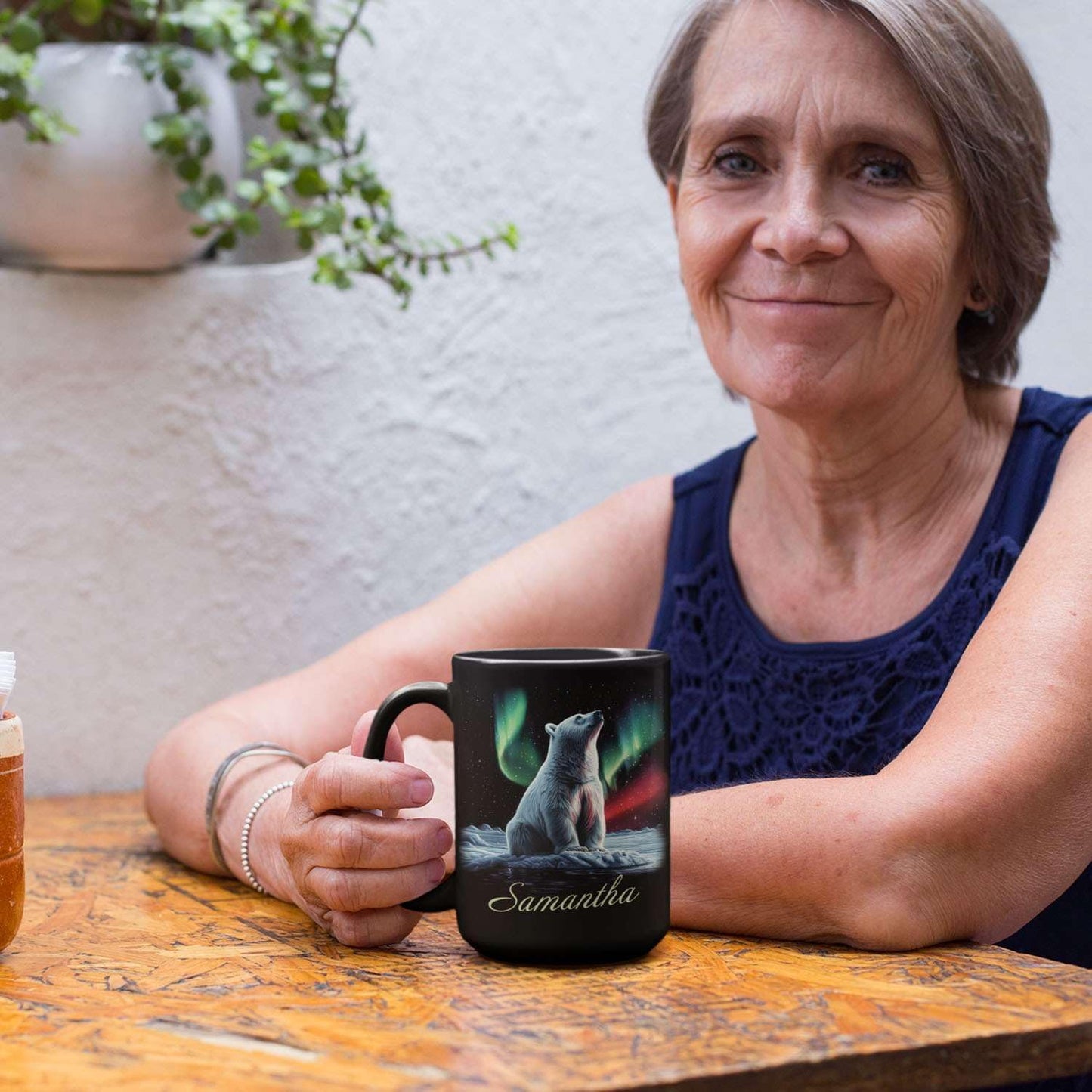 Custom Enchanted Arctic Landscape Design Cup, Customized Name Coffee Mug 11oz 15oz, Personalized Polar Bear And Northern Lights Ceramic Cup, Cute Polar Bear Black Mug, Gift For Her