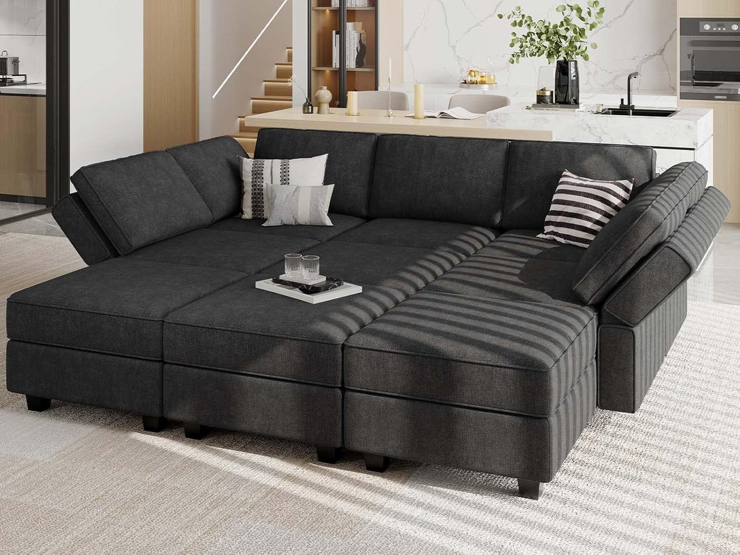 Belffin Modular Sectional Sleeper Sofa Couch with Storage Ottoman Convertible Sectional Couches for Living Room Terry Reversible Chaise. Black Sofa