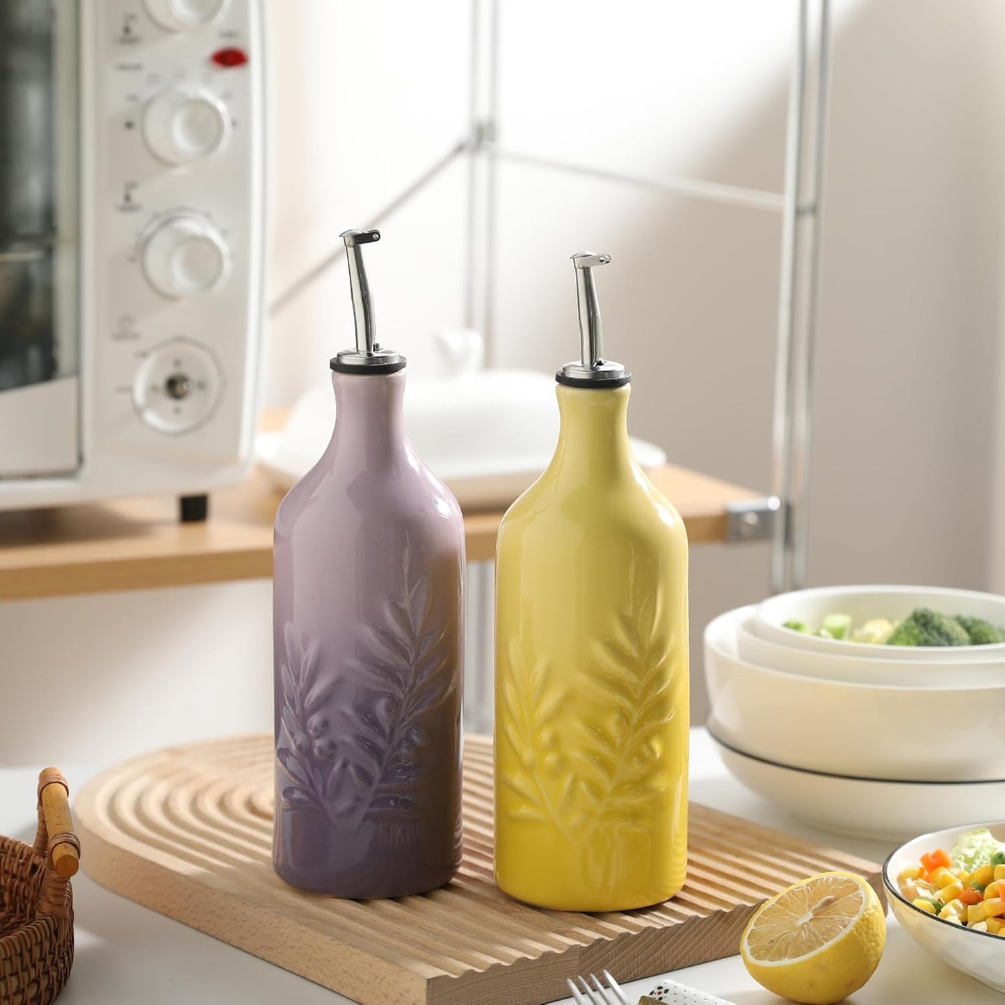 Sweejar Ceramic Olive Oil Dispenser Bottle, 20 Oz Relief Opaque Oil Cruet Protects To Reduce Oxidation, Suitable for Storage Soy Sauce, Coffee Syrup, Liquids, Set of 1 (Gradient Yellow)