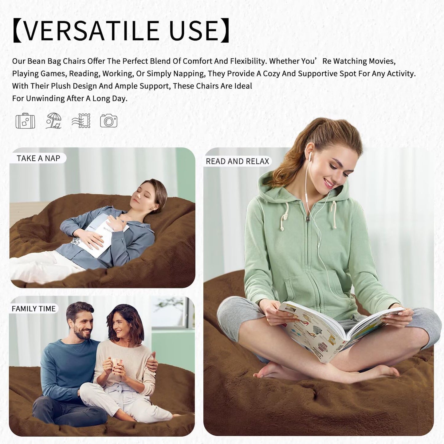 Bean Bag Chair for Adults 6FT,Soft Removable Cover for Teens/Girls Bedroom,Fluffy Giant Round Floor Beanbag Lounger Chairs (No Filler,Deep Coffee)