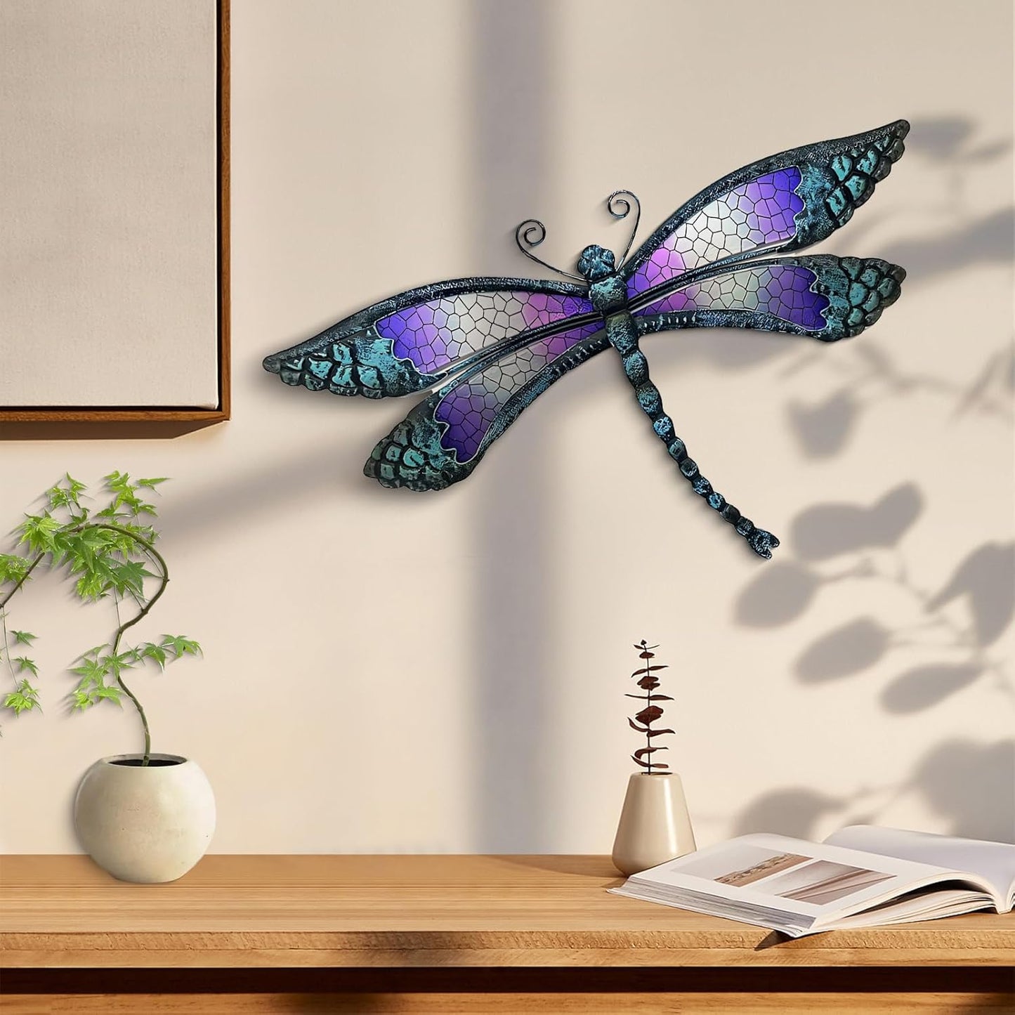 Metal Dragonfly Wall Decor, Handmade Mosaic Glass & Iron Art for Outdoor Garden, Patio, Fence, Vibrant Purple Wall Art Sculpture (15 Inch) - Bedroom, Living Room Decorative Ornaments