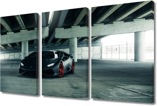 TUMOVO Framed Canvas Wall Art Pictures Ready to Hang 3 Panels Black Sports Racing Cars Painting HD Printed Posters Artwork for Bedroom Living Room Modern Home Decorations - 12 x 24 inch x 3 Pieces