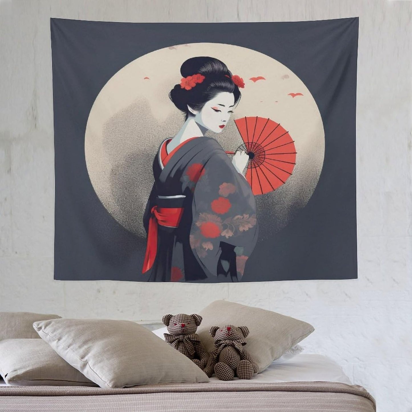Japanese Woman Geisha Tapestry Asian Red Cherry Blossom Red Sun Traditional Kimono Folk Tapestries Home Decor for Living Room Bedroom Apartment Farmhouse Dorm 60"x50"