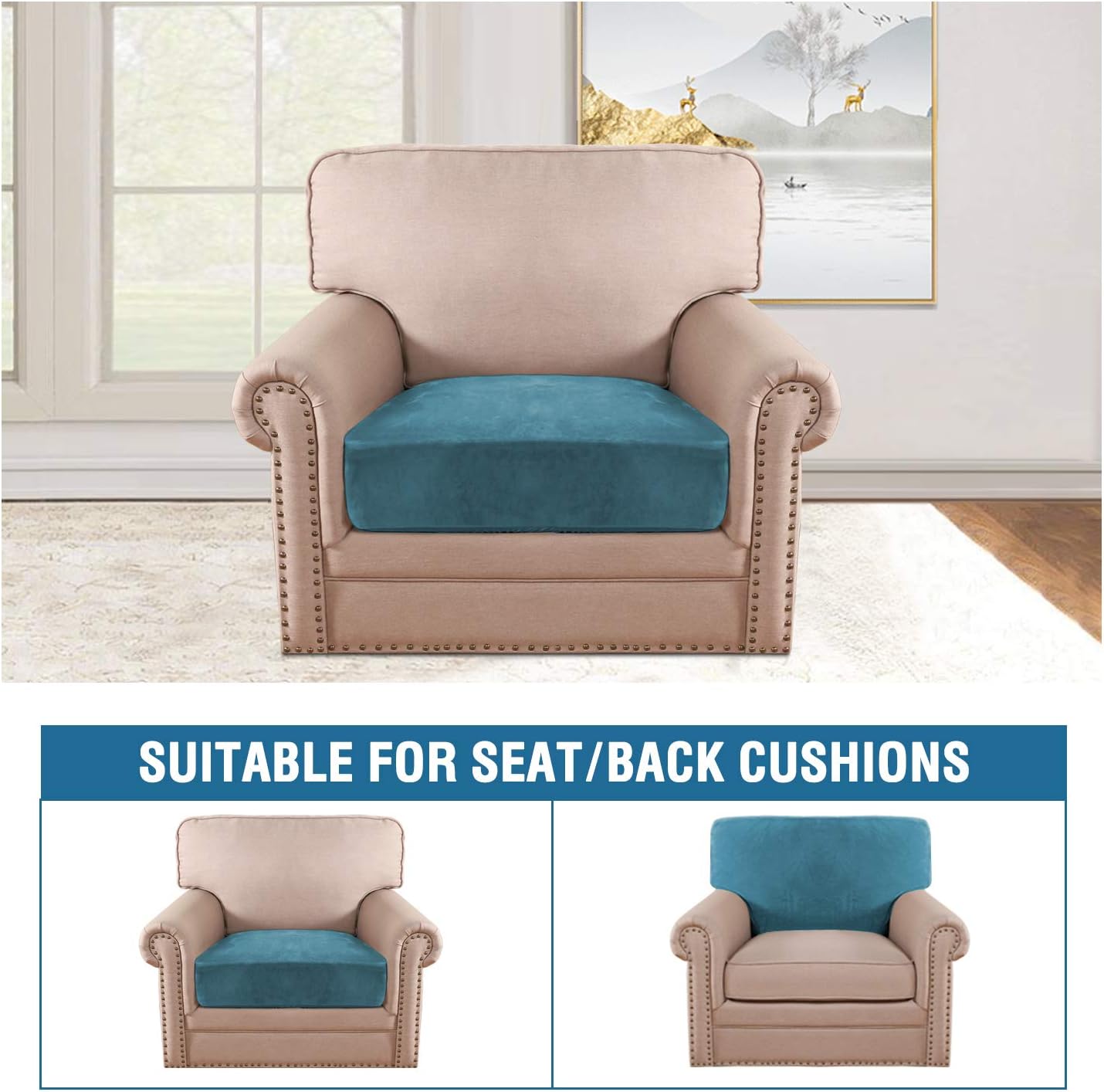 H.VERSAILTEX Velvet Stretch Couch Cushion Cover Plush Cushion Slipcover for Chair Cushion Furniture Protector Seat Cushion Sofa Cover (1 Piece Armchair Cushion Covers, Peacock Blue)