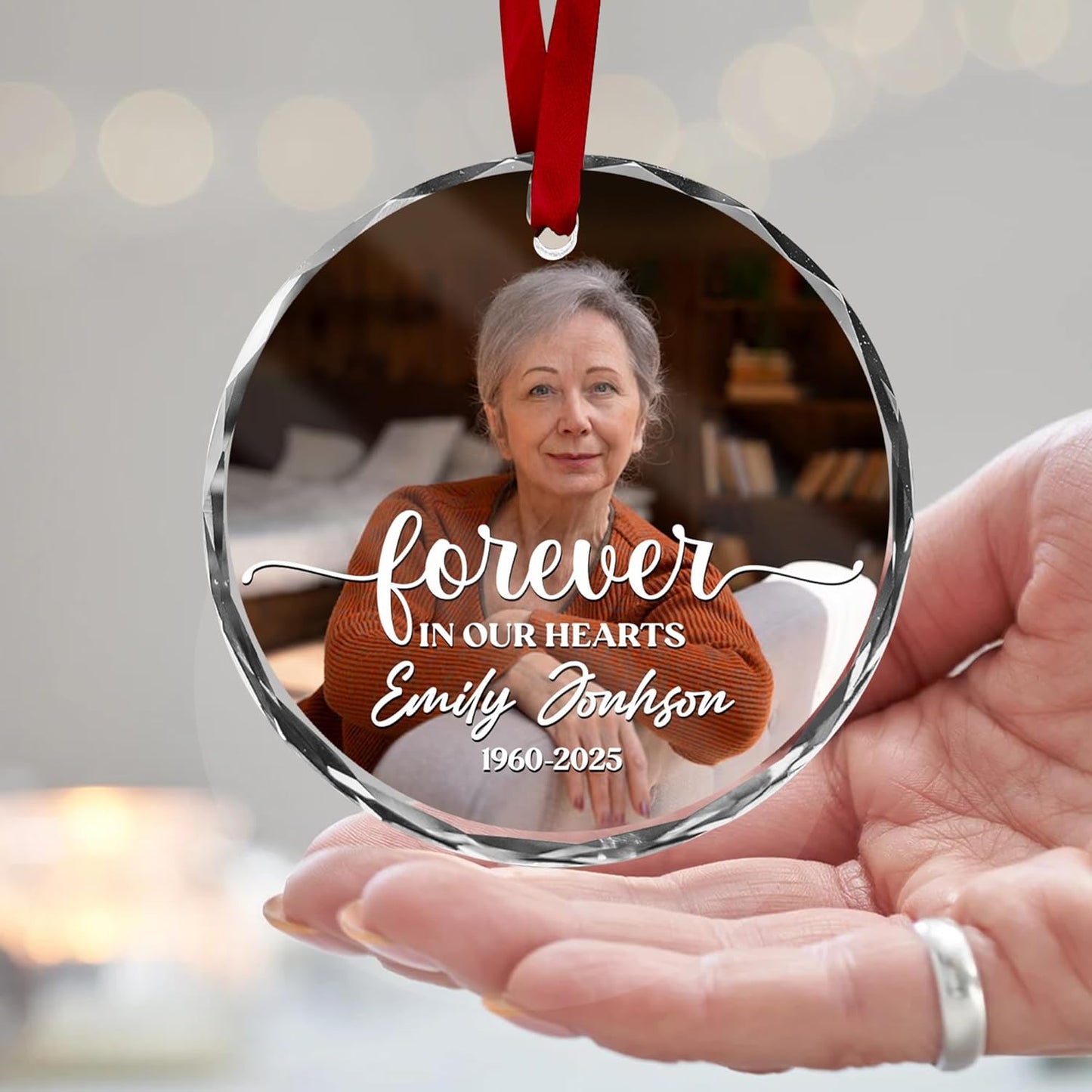 Personalized Memorial Suncatcher Ornament with Photo – Custom Glass Ornament with “Forever in Our Hearts” Quote – in Loving Memory Rainbow Crystal Keepsake – Loss of Loved One