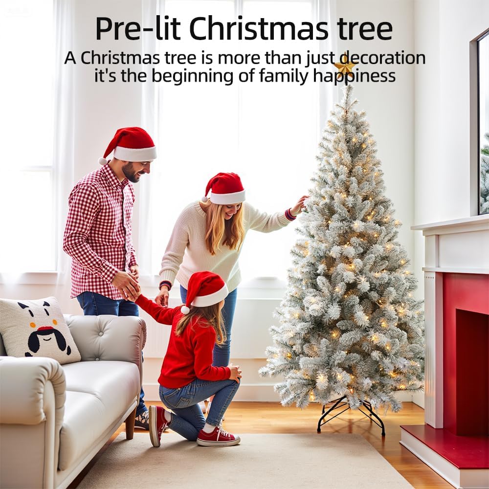 Prelit Christmas Tree with Lights 6ft - Premium Snow Flocked Artificial Xmas Tree,with 874 Branch Tips and 250 Warm Lightsm,Support Automatique,Perfect Choice for Christmas Decorations,White