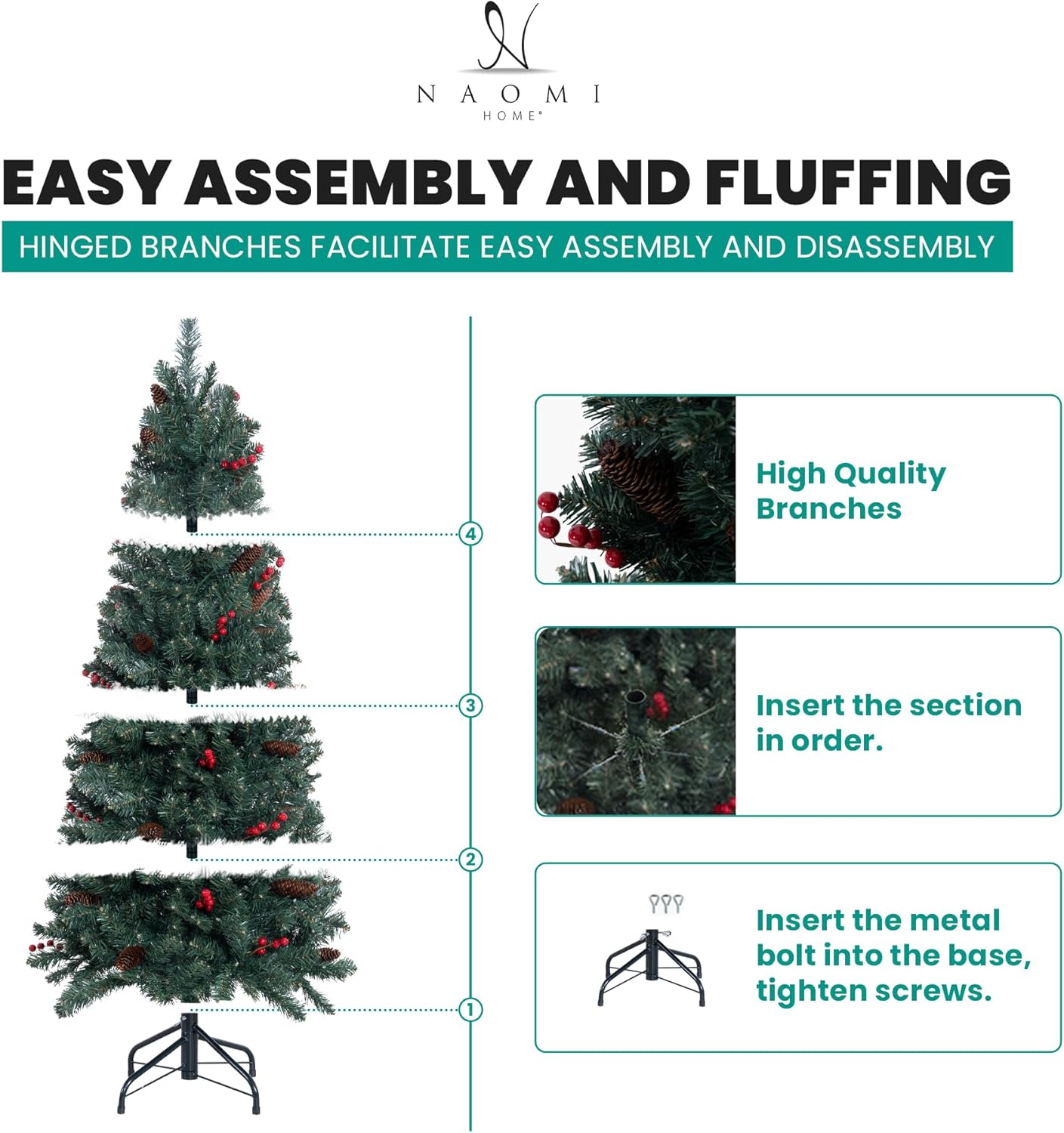 Naomi Home Belen 9ft Pencil Christmas Tree Prelit pre-Decorated with Pine Cones, Red Berries, 1457 Branch Tips, 500 Warm Lights and Metal Stand, 37" Wide Skinny Christmas Tree with Lights