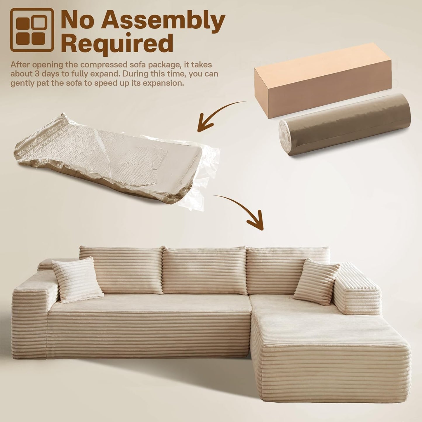 104" Cloudy Sectional L Shaped Couch for Living Room, No Assembly Required, Modular Comfy Sofa with Deep Seat, Fluffy Couch with Sleeper Chaise for Apartment Lounge (Beige)