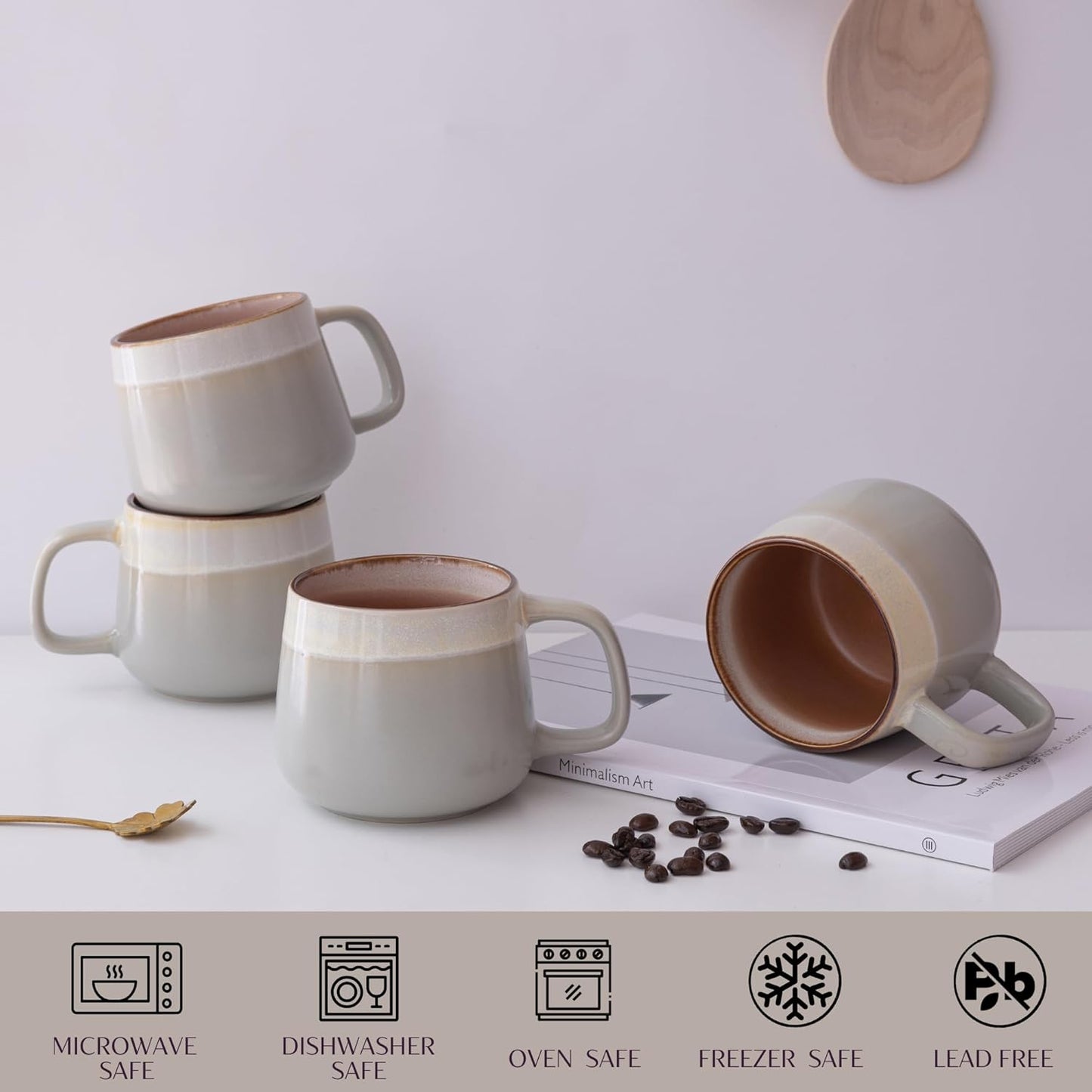 Ceramic Coffee Mugs Set of 4, 12 oz Stoneware Coffee Cups with Comfortable Handle for Latte, Tea, Cappuccino, Cocoa -Microwave and Dishwasher Safe - Modern Unique Aesthetic - Reactive Glaze