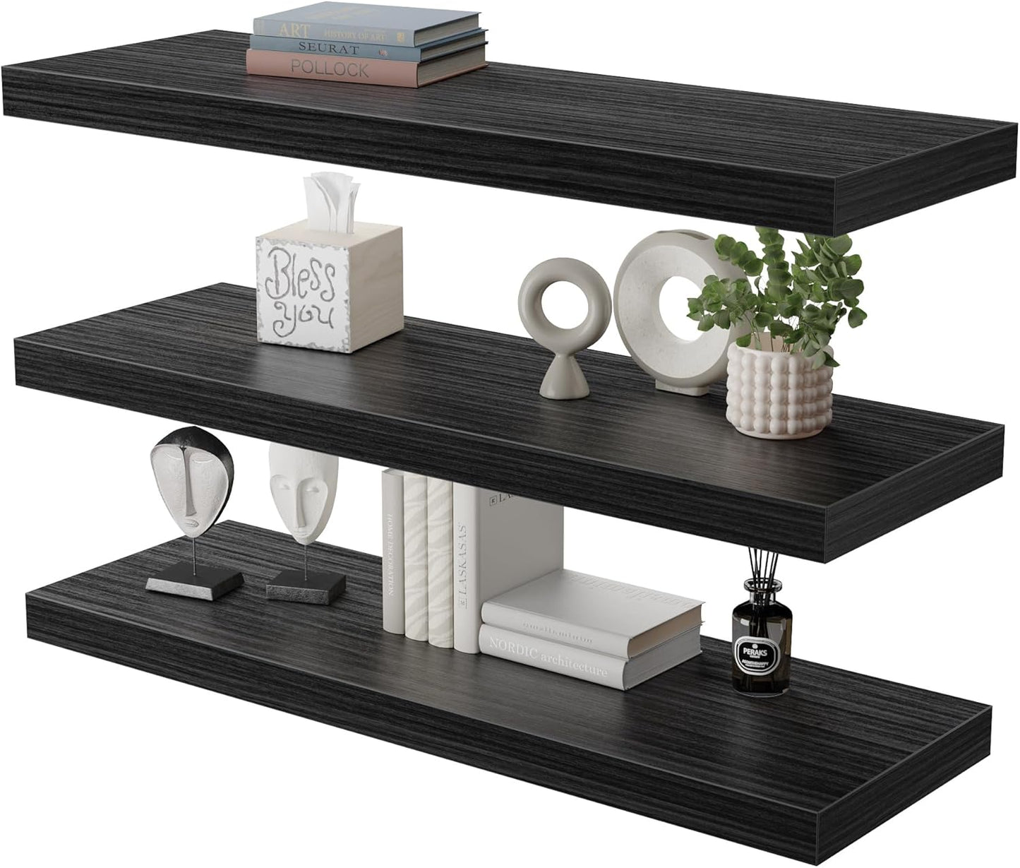 Large Floating Shelves for Wall Set of 3 Wooden Wall Shelves 24 in x 12.75 in x 2 in Room Decor Long Shelf with Invisible Wall Mount Bracket for Bedroom Kitchen Living Room Black Wood