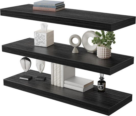 Large Floating Shelves for Wall Set of 3 Wooden Wall Shelves 24 in x 12.75 in x 2 in Room Decor Long Shelf with Invisible Wall Mount Bracket for Bedroom Kitchen Living Room Black Wood