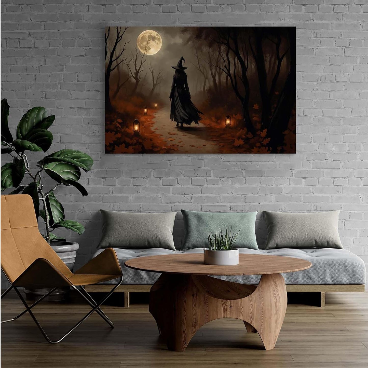 JFHCQJPK Moonlight witch poster dim lantern Halloween decoration Gothic style dark retro college style canvas wall art suitable for living room bedroom12x16in Frameless