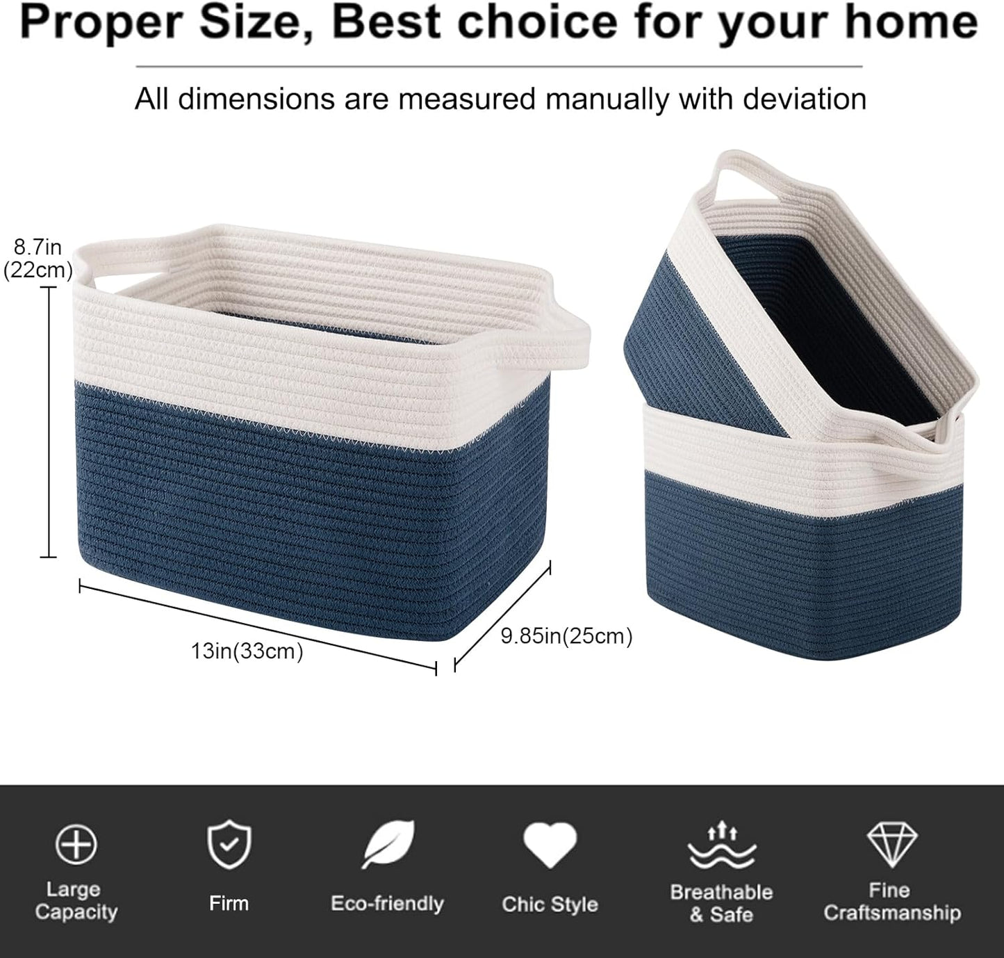 OIAHOMY Storage Baskets - Woven Cotton Rope Baskets for Shelves, Toy Towel Organizer Bins, Pack of 3, Blue & White