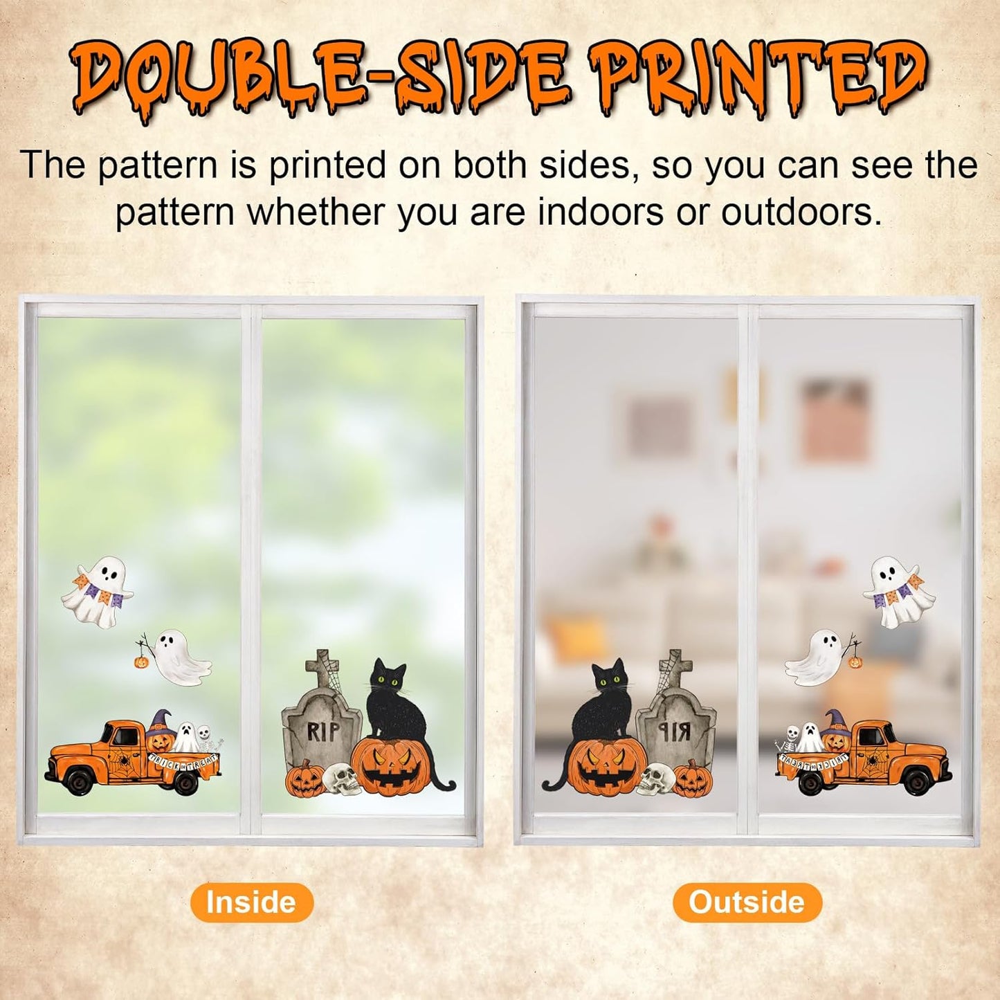 Vintage Halloween Window Clings 6 Sheets, Large Retro Spooky Ghost J-O-Lantern Pumpkin Reusable Window Decals Stickers for Home Halloween Party Decorations Supplies (Ghost)