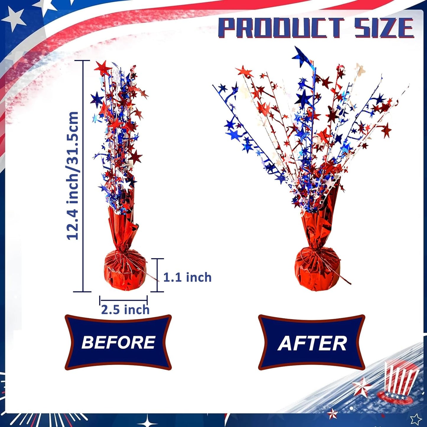 6 Pack 4th of July Table Centerpiece Decoration Metallic Foil Spray Star Burst Patriotic Decoration Independence Day Labor Day Veteran Day Memorial Day Party Supplies, Red White and Blue