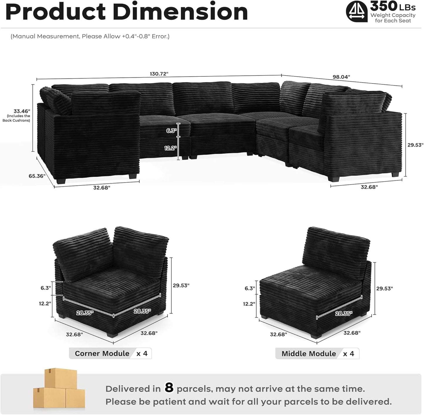 ovios Sectional Sofa Couch with U-Shape Chaise Oversized, Comfy Modular Cloud Couches with Deep Seat, Modern Upholstered Plush Corduroy Sofas Set for Living Room, 7-Seater, Black