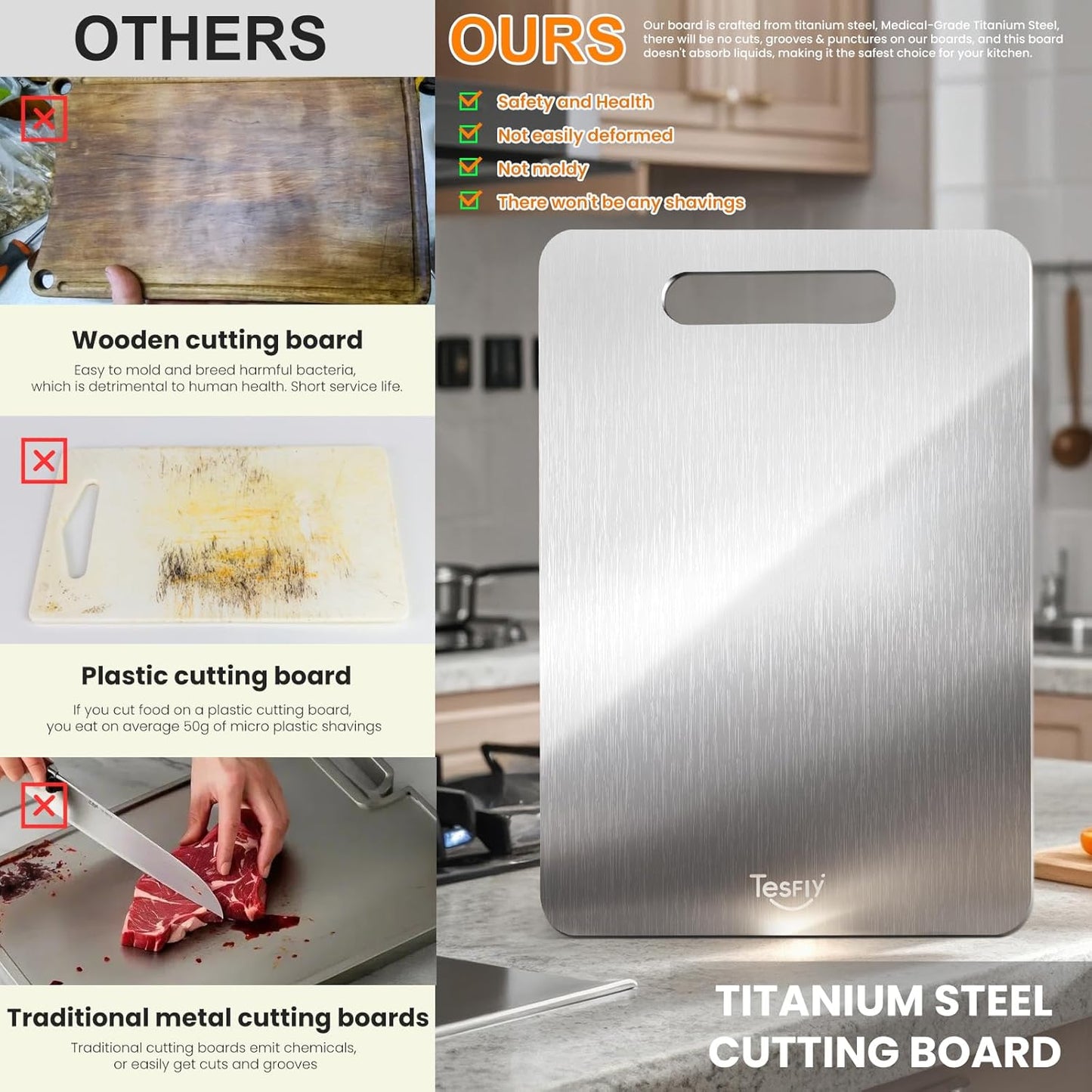 Titanium Cutting Board -100% Pure Titanium Cutting Boards For Kitche,Easy to clean, Double-sided food-grade Cutting Board For Meats, Fruits And Vegetables (15 * 11)
