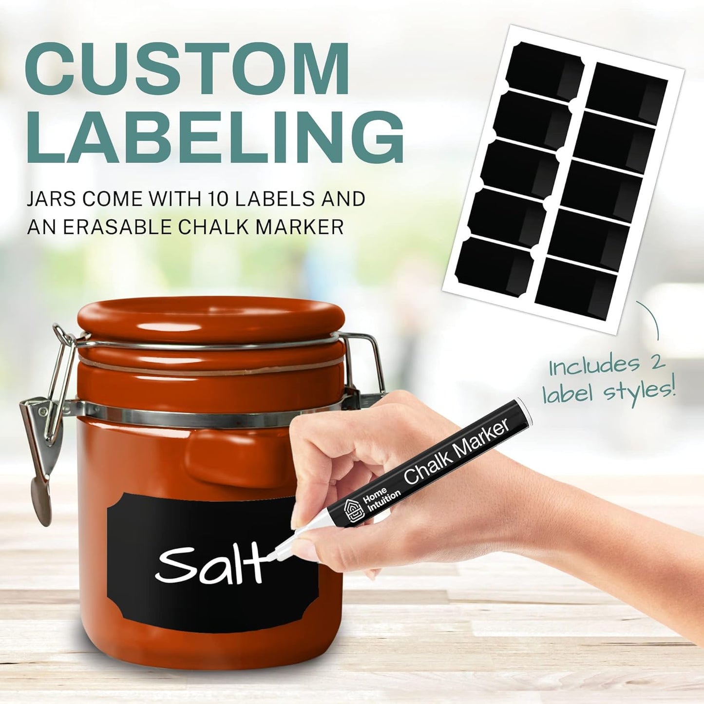 Home Intuition Ceramic Kitchen Canisters Set of 4 with Wooden Spoon Set – Airtight Containers, Metal Latches for Utmost Freshness – Sugar, Coffee, Flour, Tea & More | Rust