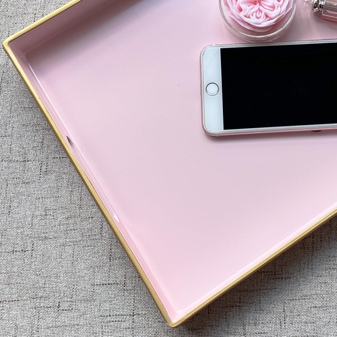 Large Pink Rectangular Decorative Tray – Plastic Serving Tray with Handles for Coffee Table, Ottoman, Living Room, 15.7” x 11.8” x 1.6