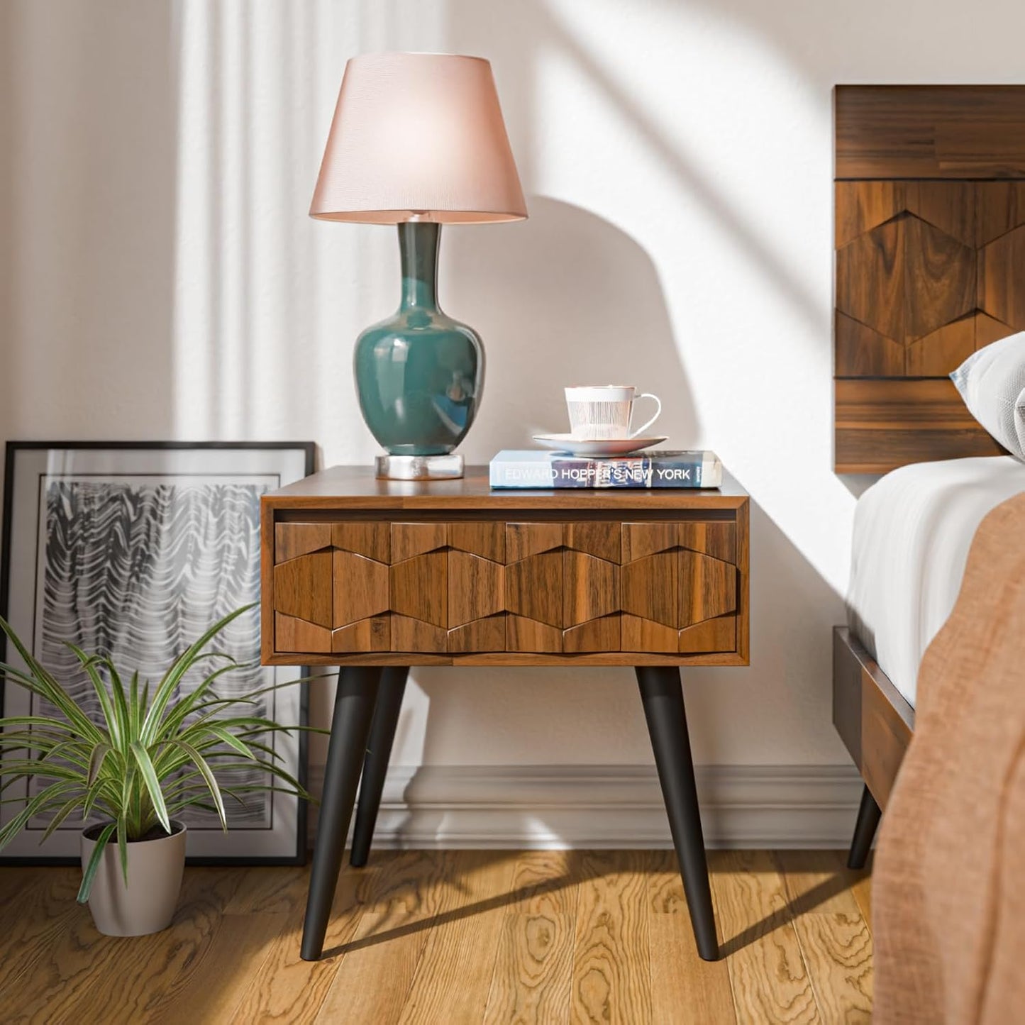 Bme Georgina Solid Wood Nightstands with Drawers - Fully Assembled Rustic Geometric Pattern Bedside Cabinet - Mid Century Modern Side Table for Living Room, Bedroom, Dark Chocolate