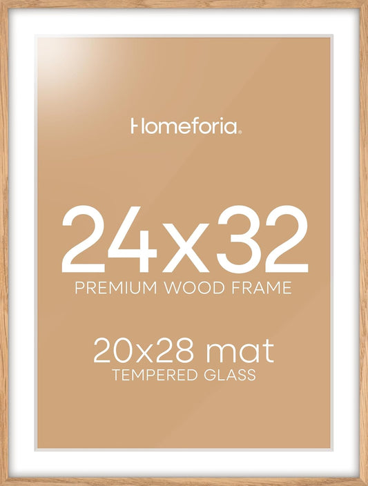Homeforia 32x24 Poster Frame Wood, High End Natural Oak 24x32 Large Picture Frame with Mat 20x28, 24 x 32 Light Wooden Frame Matted to 20 by 28 Photo, 24by32 Frames, Tempered Glass, Wall Kit, Set of 1