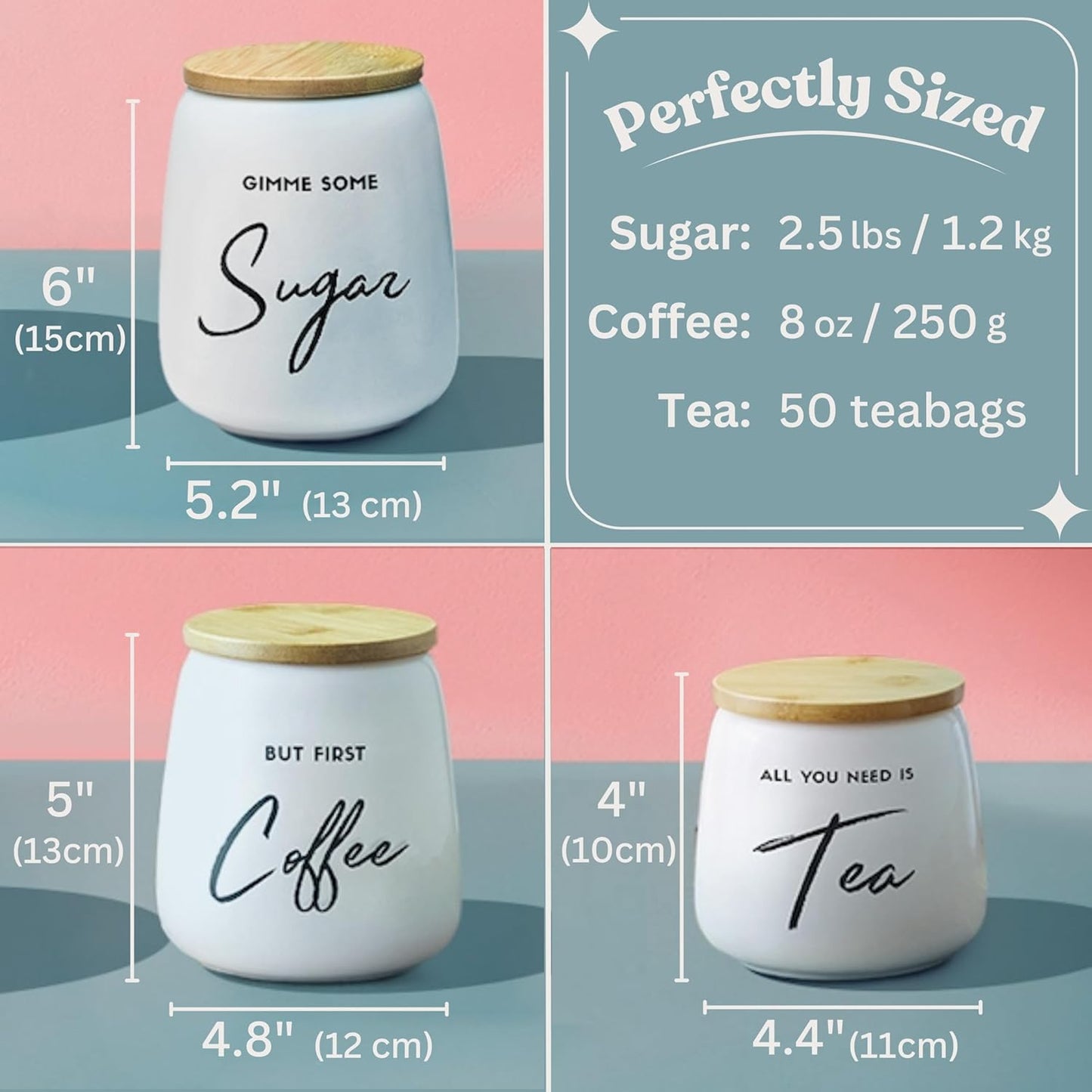 Coffee Tea and Sugar Ceramic Canister Set - 3-Piece Airtight Kitchen Canisters for Countertop - Coffee Bar Container Set