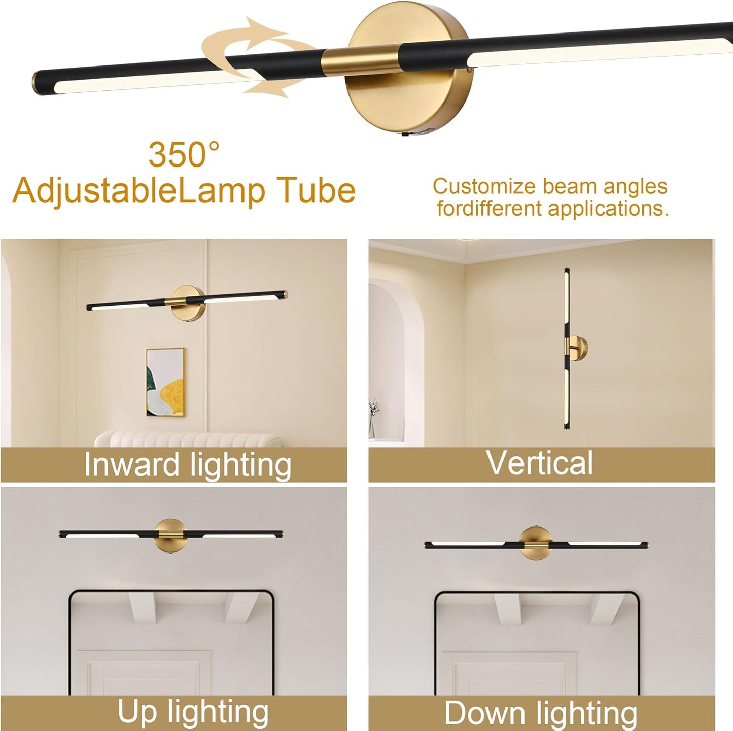 BONLICHT Bathroom Light Fixtures Over Mirror 24 Inch, 12W 350°Rotatable Dimmable 2700-5500K LED Wall Vanity Light Bar Black and Brushed Brass Modern Bathroom Vanity Lights picture and display lighting