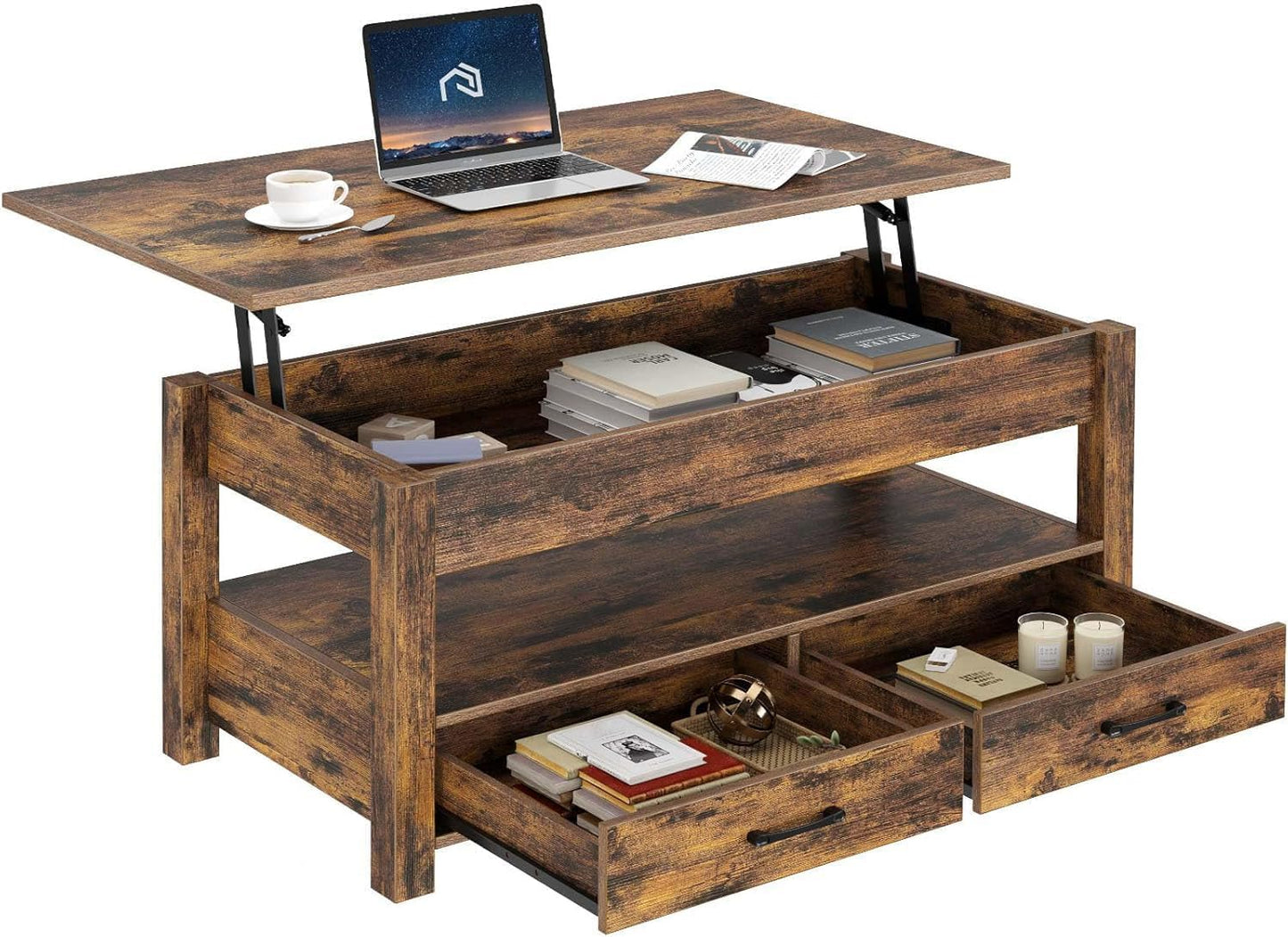 Rolanstar Coffee Table, Lift Top Coffee Table with Drawers and Hidden Compartment, Retro Central Table with Wooden Lift Tabletop, for Living Room,Rustic Brown