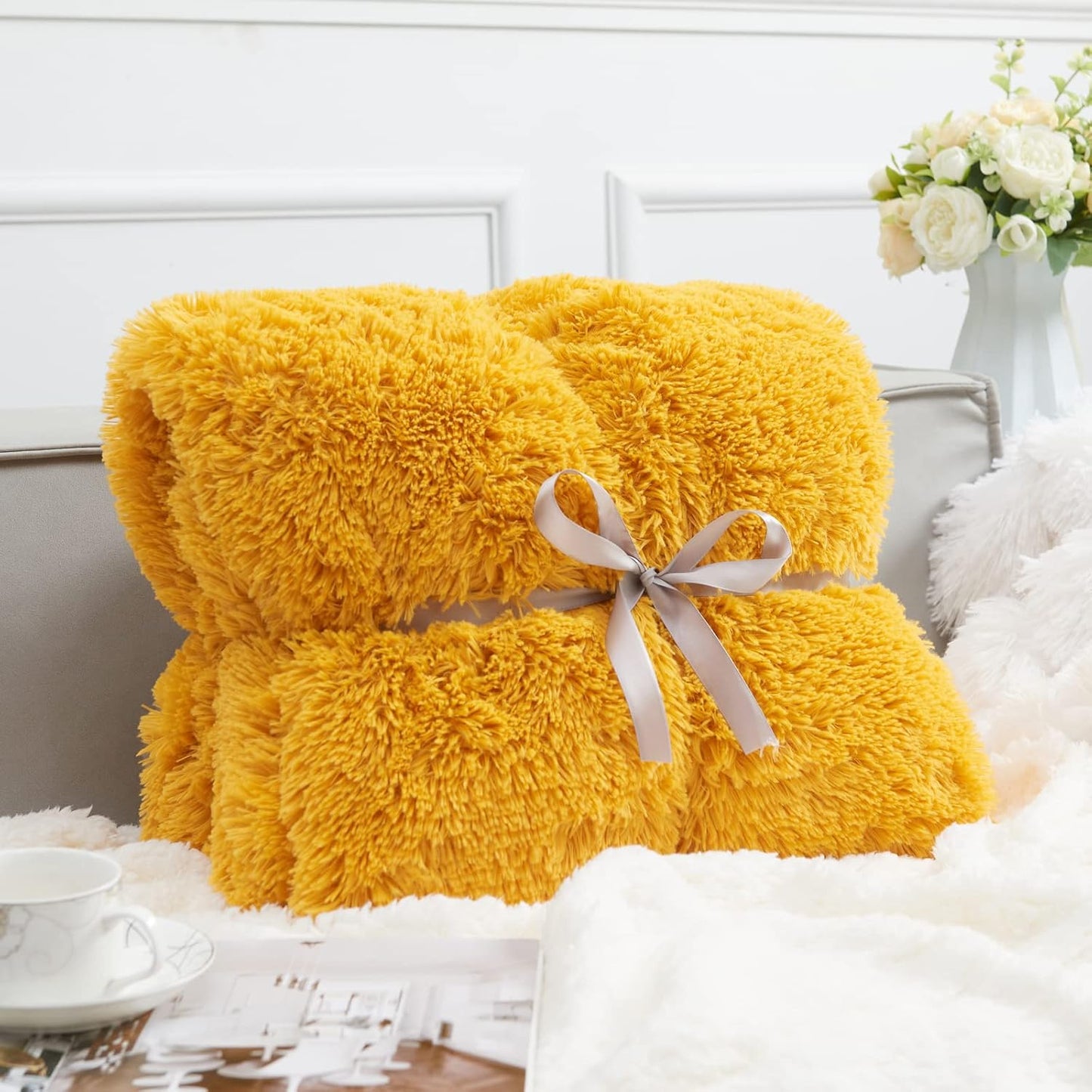 GONAAP Fuzzy Faux Fur Throw Blanket Queen Size Mustard Yellow Super Soft Cozy Plush Fuzzy Shaggy Blanket for Couch Sofa Bed (Mustard Yellow, Queen(90"x90"))