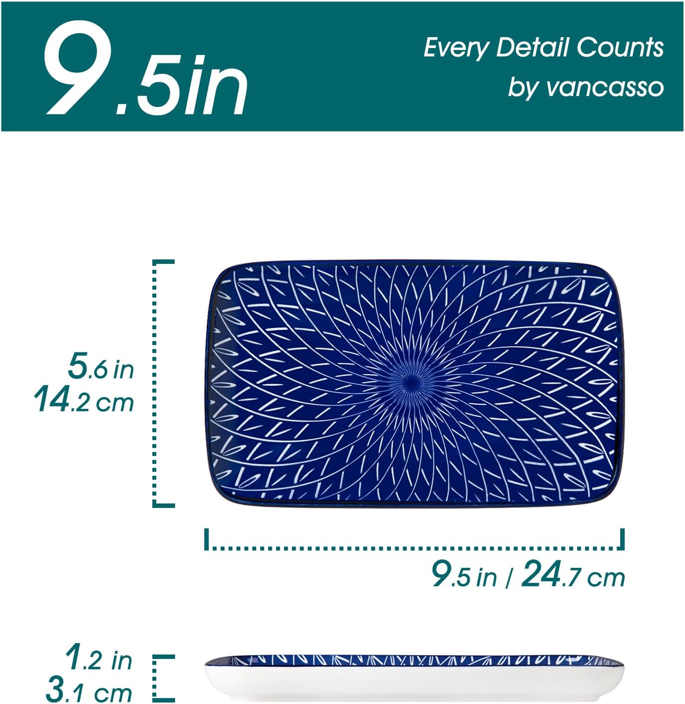 vancasso Selene 9.5 Inch Rectangular Dinner Plates Set of 6, Ceramic Salad Plates for Dessert, Appetizer, Porcelain Serving Platters for Entertaining, Microwave & Oven Safe, Vintage Blue & White Color