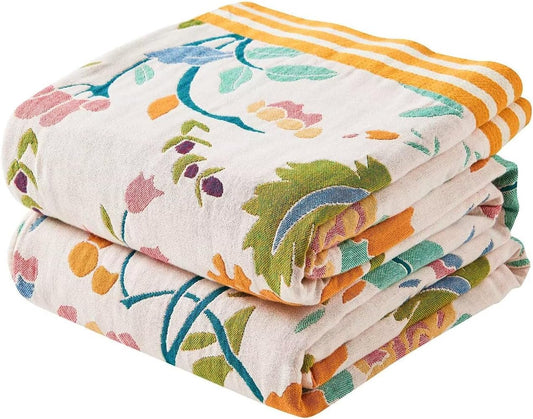 Boho Throw Blanket for Bed, 100% Cotton Soft Rustic Quilt Fall Blanket, 50"x60" Yellow Floral Printed Farmhouse Decor Bed Blankets, All Season Rustic Reversible Bohemian Throw Quilt