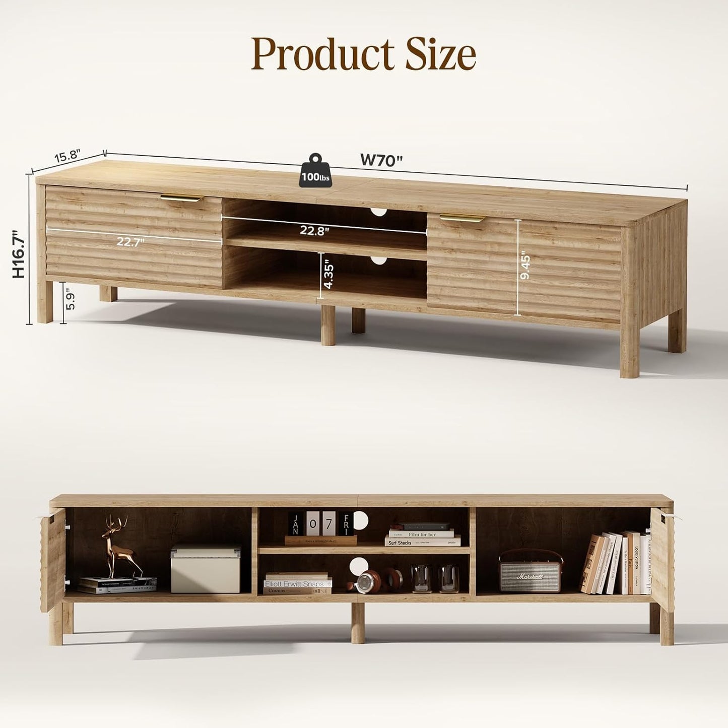 TV Stand for Living Room - up to 80 Inch TVs Mid Century Modern Entertainment Center with Storage and Adjustable Shelves, Media Console Table Oak 70"