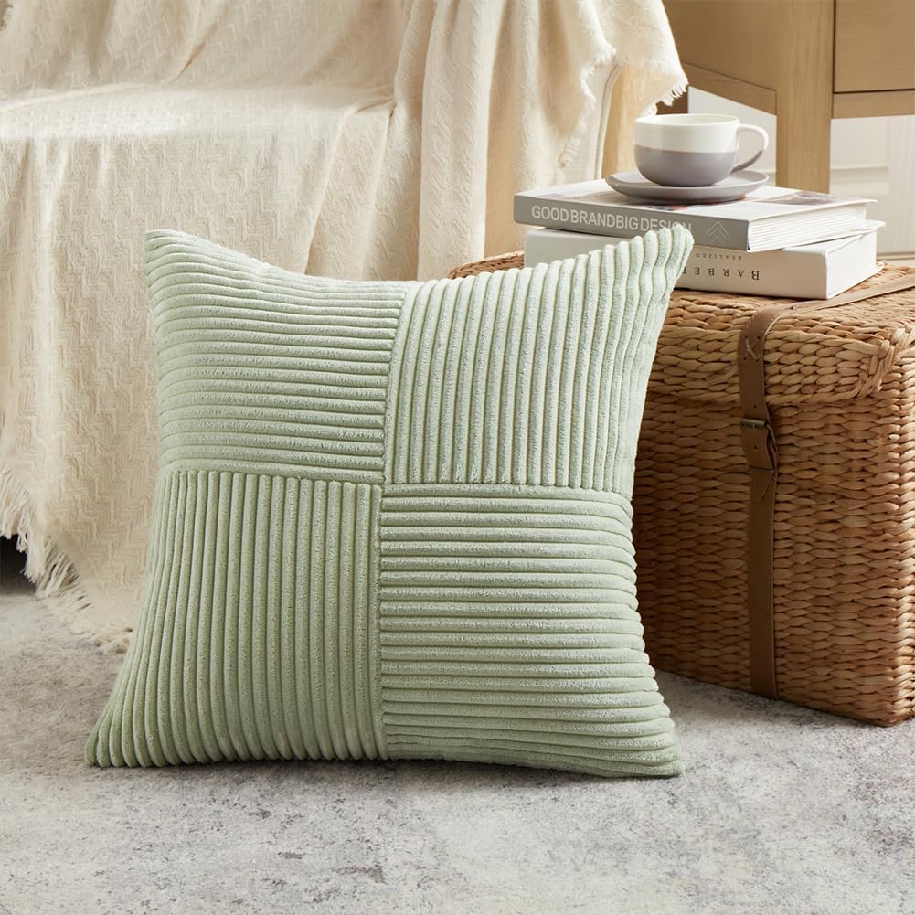 Fancy Homi 2 Packs Sage Green Samll Decorative Throw Pillow Covers 12x12 Inch with for Couch Bed Sofa, Rustic Farmhouse Boho Home Decor, Soft Corss Patchwork Corduroy Square Cushion Case 30x30 cm